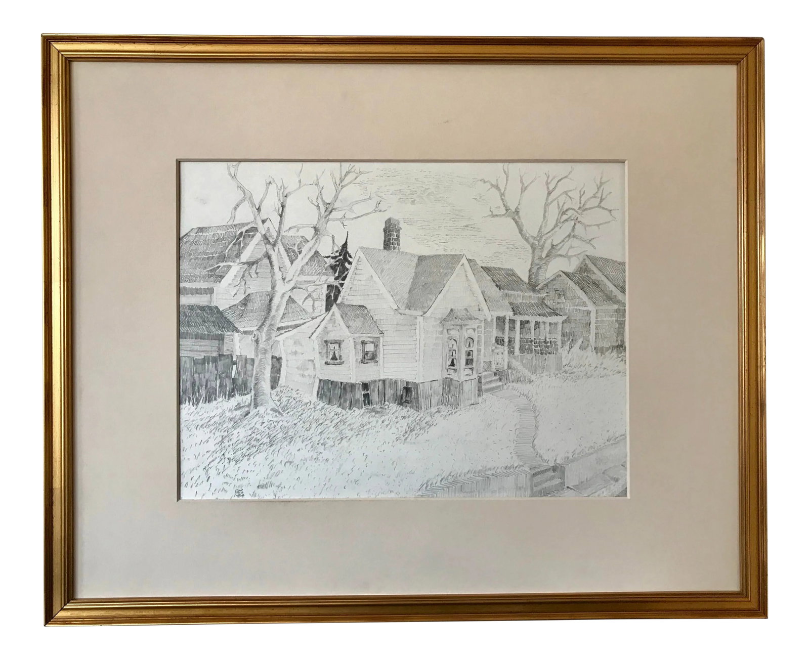Vintage Original Drawing Village Scene by Roger Stokes: Vintage Original Drawing Village Scene by Roger Stokes. Presented matted and framed. Condition: Alterations: Original Condition Unaltered Imperfections: Some Imperfections Condition Notes: Excellent