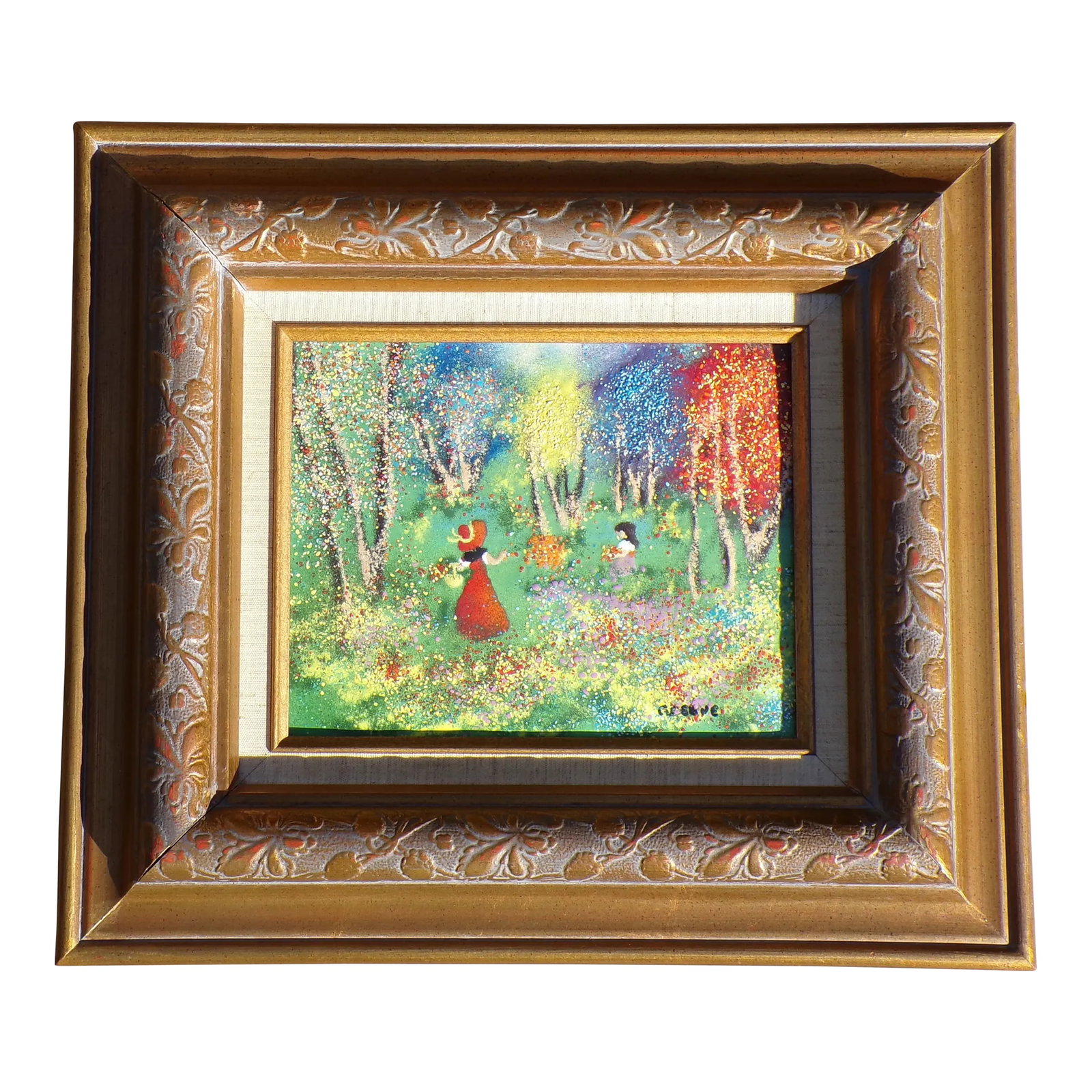 Vintage Enamel on Copper Painting Framed Art Signed Greene "Sunday in the Park": Vintage Original Enamel on Copper Painting Framed Art signed by Artist Karen Greene, titled "Sunday In The Park", with provenance. Hand-crafted Glass Enamel Art made by using kiln-fired enamel