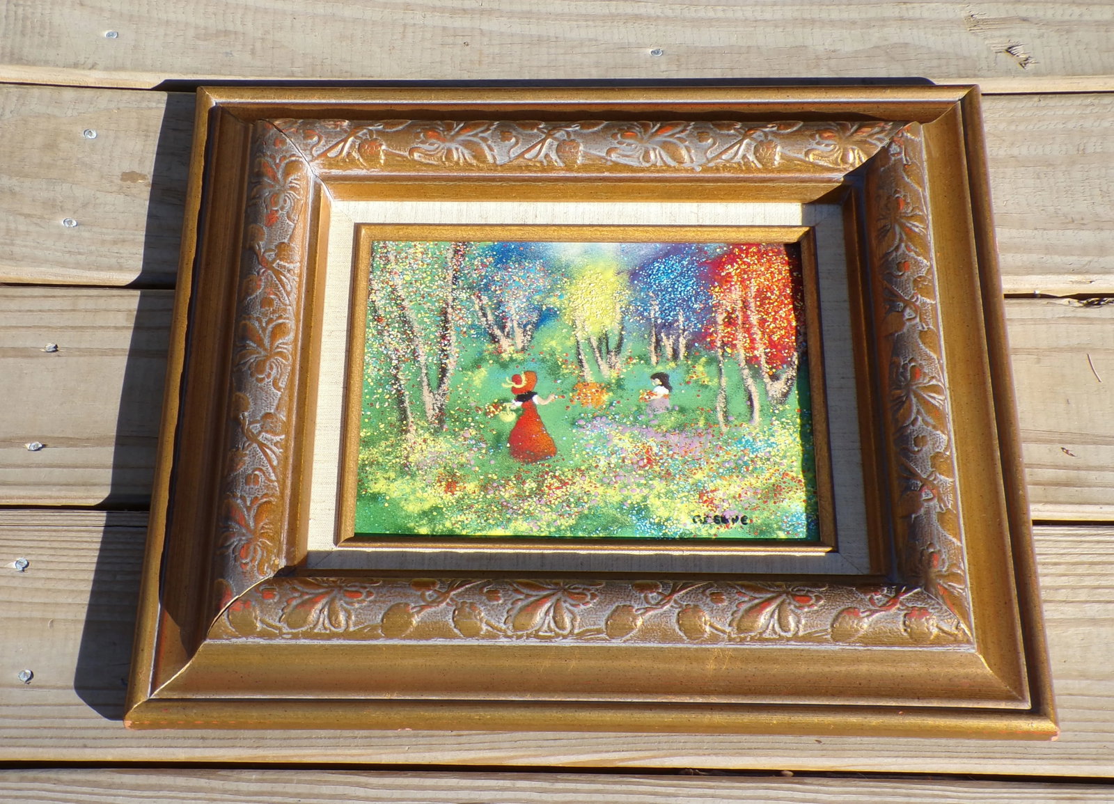 Vintage Enamel on Copper Painting Framed Art Signed Greene "Sunday in the Park" - 2