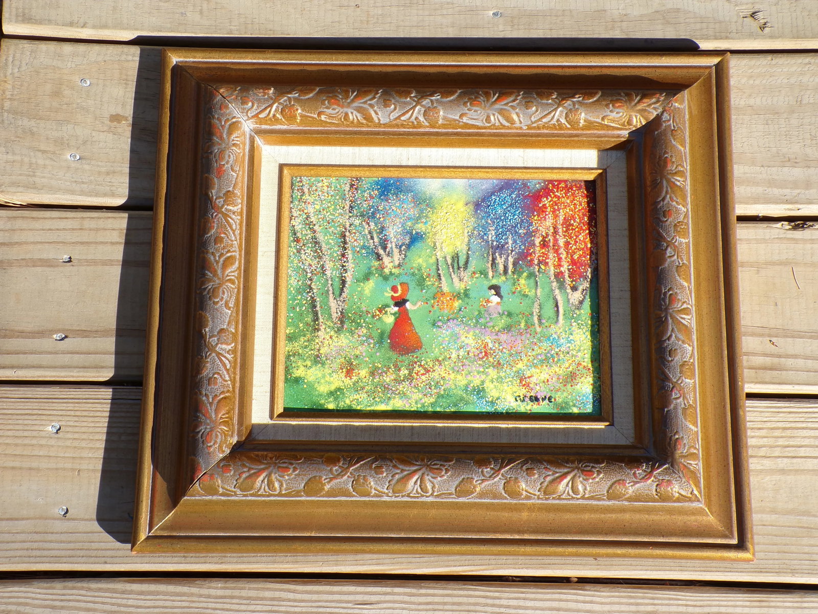 Vintage Enamel on Copper Painting Framed Art Signed Greene "Sunday in the Park" - 4