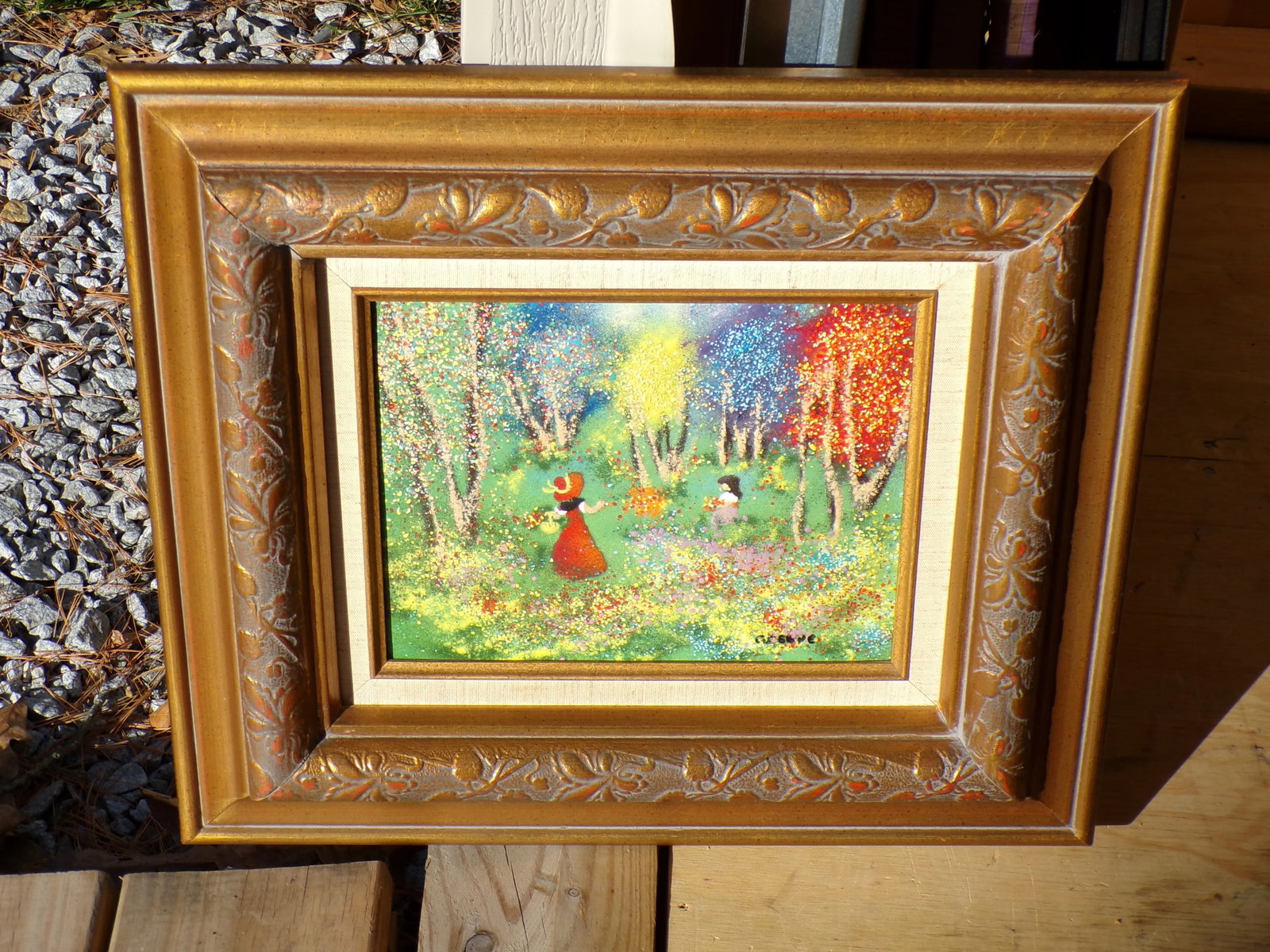 Vintage Enamel on Copper Painting Framed Art Signed Greene "Sunday in the Park" - 5