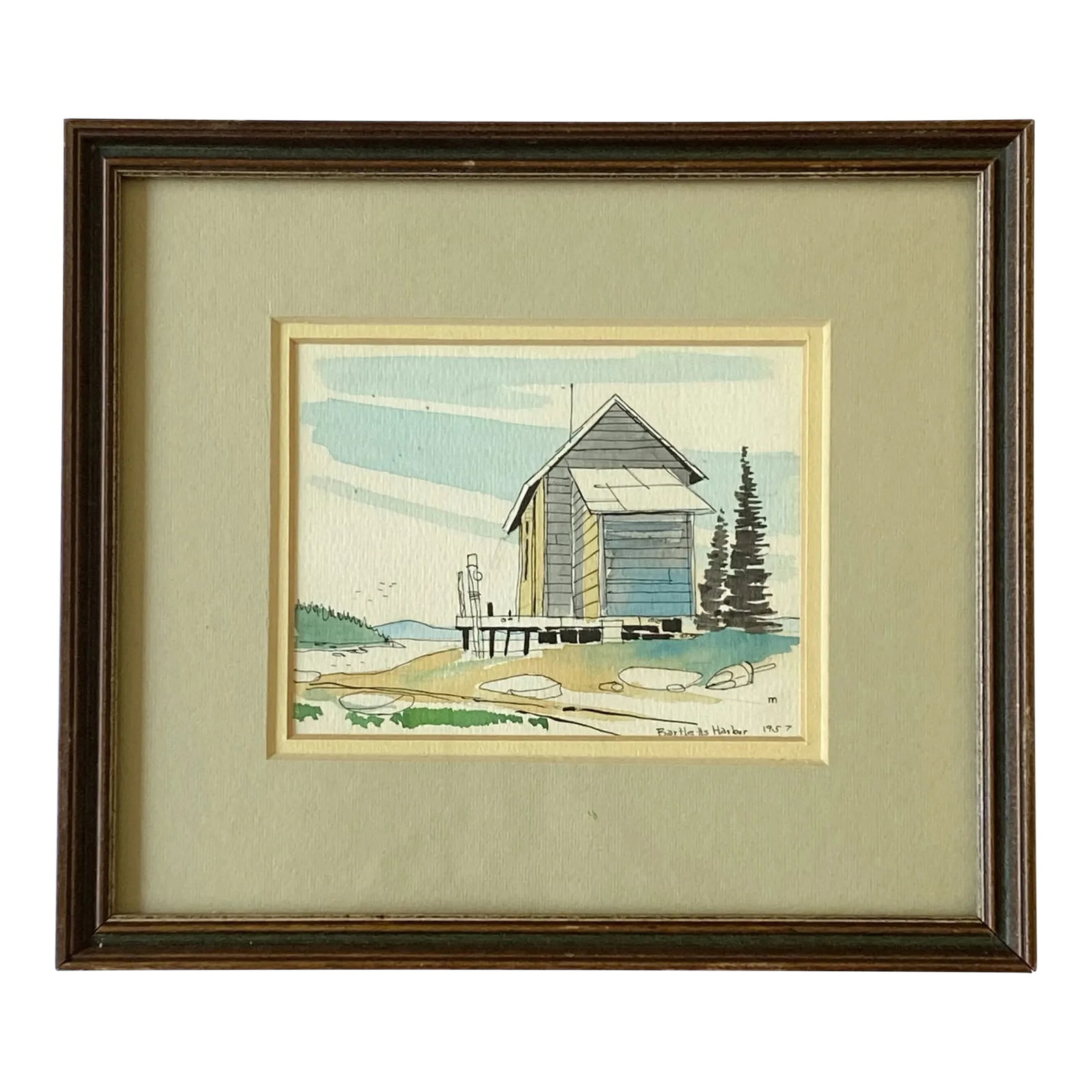 Original 1957 Watercolor Painting of Bartlett's Harbor: Sweet little watercolor painting of Bartlett's Harbor. Painted in 1957 and sold at The Grimshaw Gallery in Hartford, Connecticut. Framed. Nice use of color which gives seaside tranquil vibes.