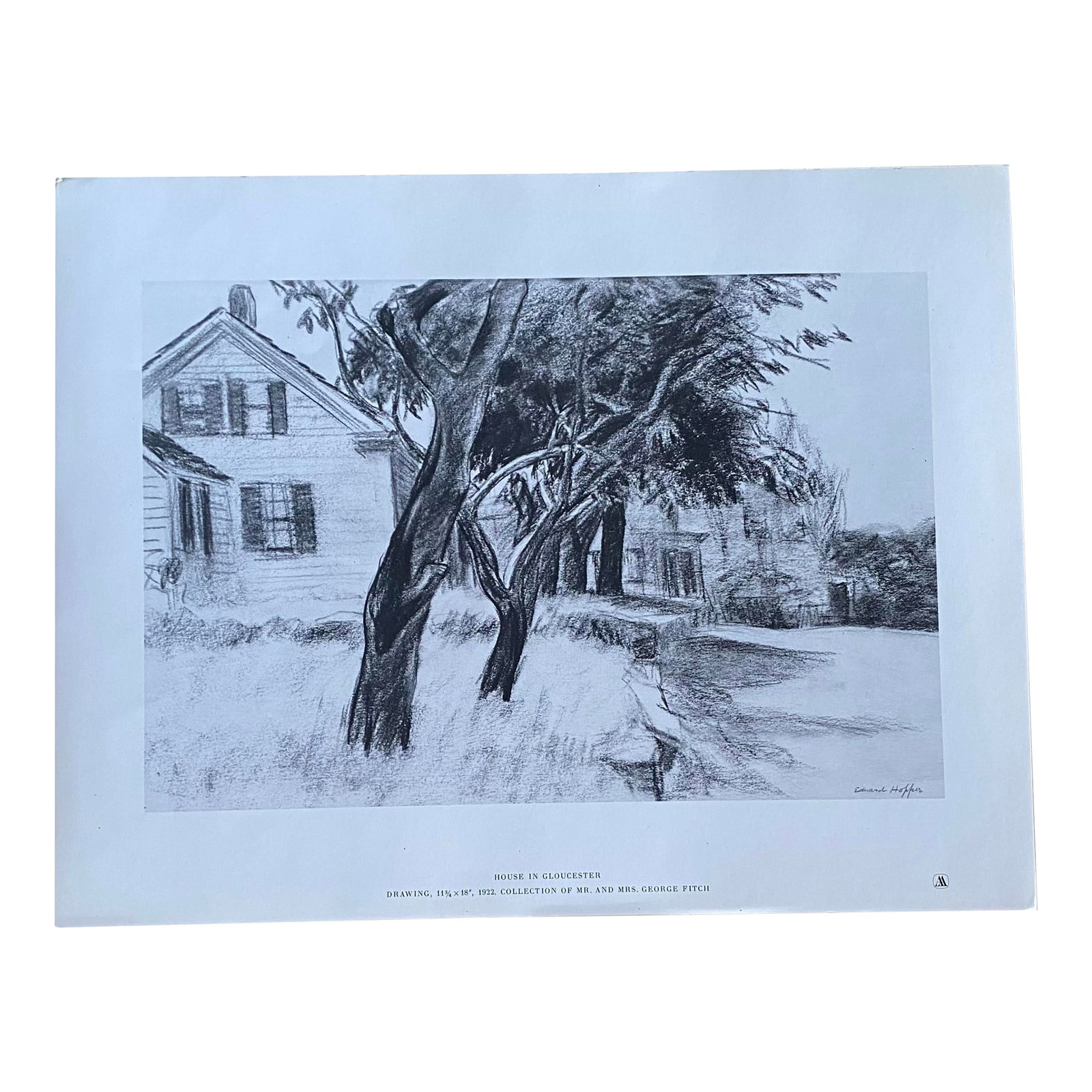 Edward Hopper, House and Trees, Vintage Print: House and Trees, Gloucester. Original work is charcoal on paper, 1922. Style: Realism. This vintage reproduction print is from Hopper's A Silent World collection. Depicts a New England home partially
