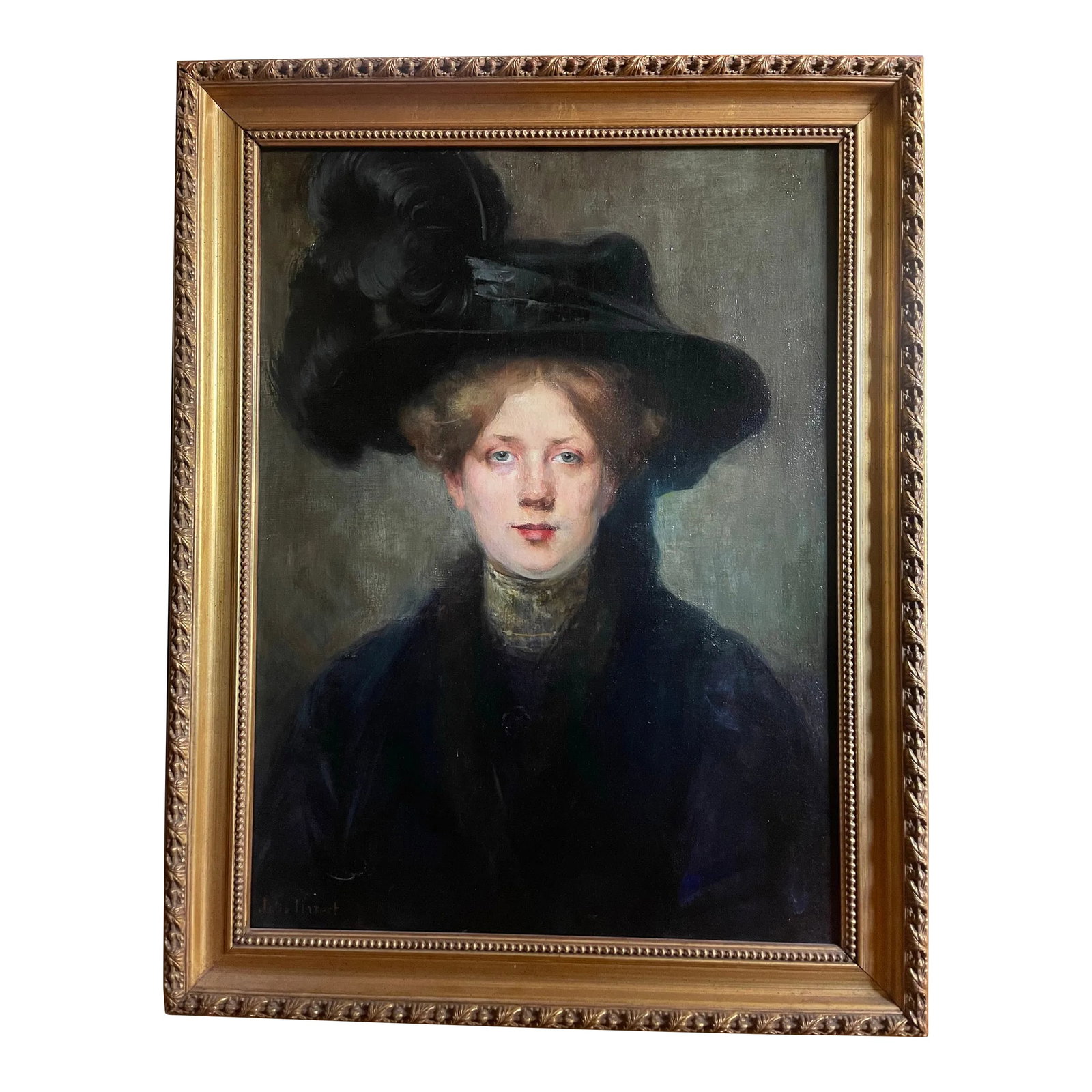 Oil on Canvas, Portrait Mademoiselle With a Hat Late 19th France Signed Julie Marest: Oil on canvas, portrait of a lady with a hat late 19th France signed Julie Marest This dazzling painting represents a very beautiful lady in a hat topped with a black feather plume. Her green eyes, he