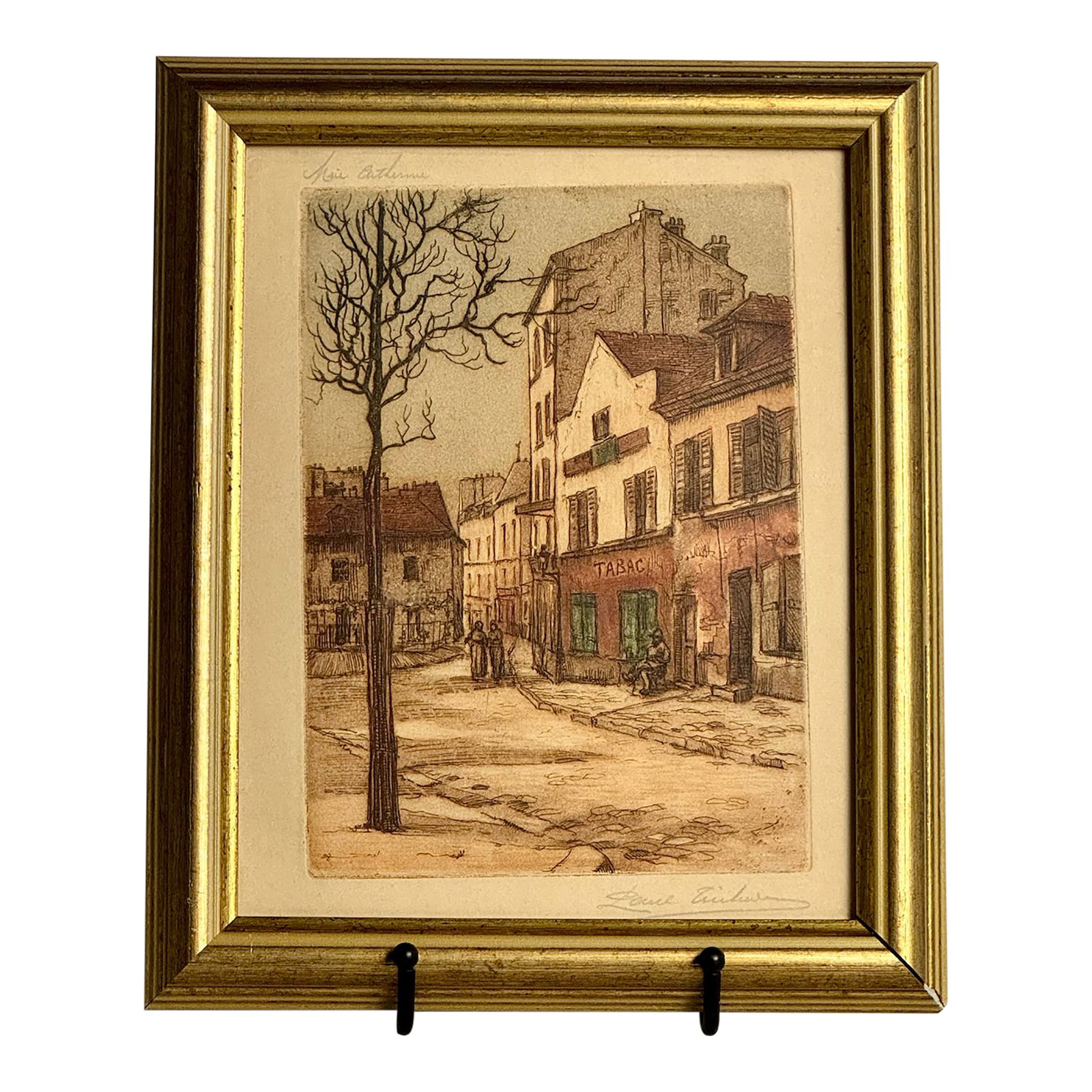 Vintage Framed French Still Life Print, Signed: Vintage framed print of french town scene, very charming. Gilt moulding, signed Condition: Alterations: Original Condition Unaltered Imperfections: Some Imperfections Condition Notes: wear consistent 