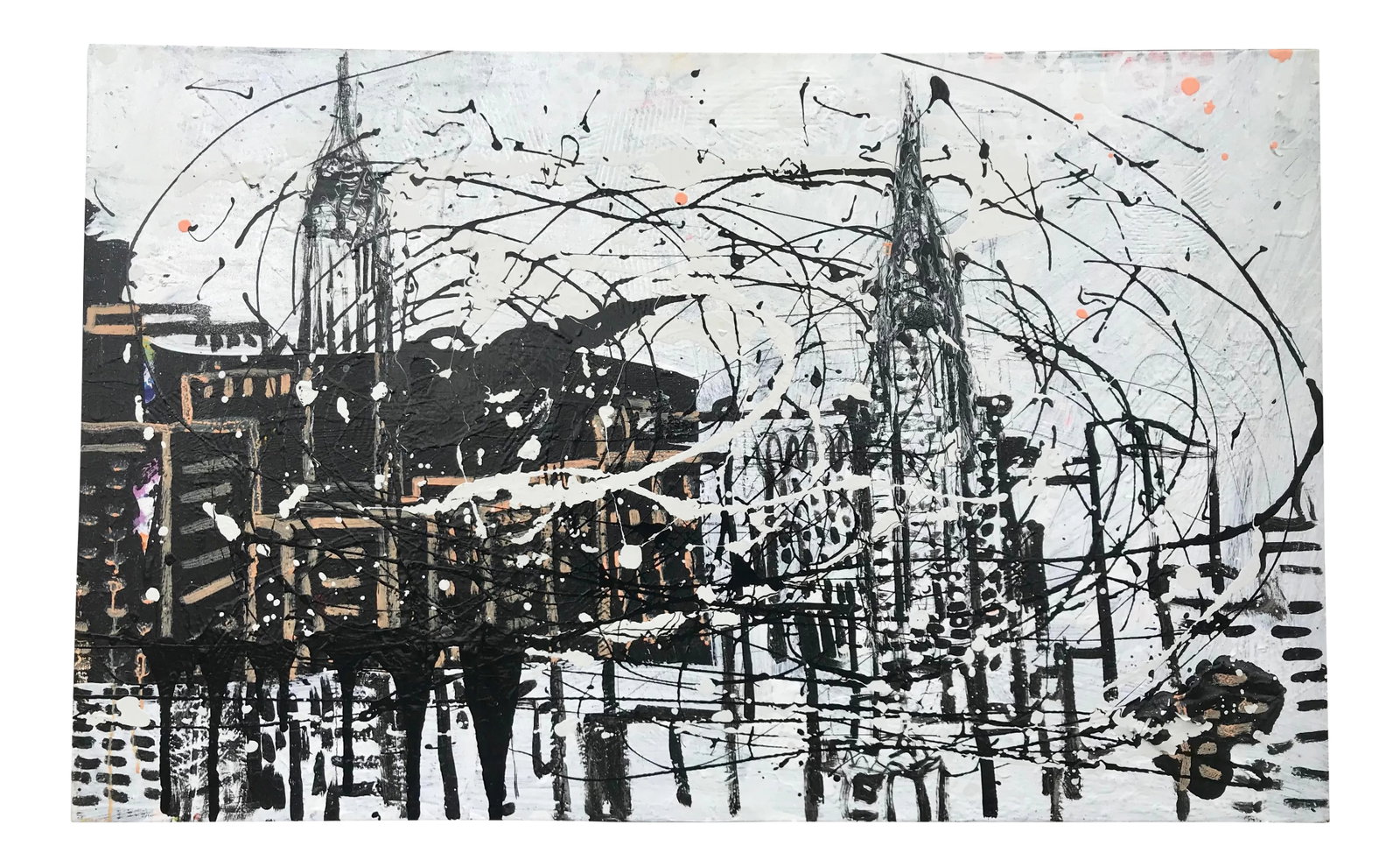 Abstract Expressionist Painting New York Skyline by Tom Christopher: Original Abstract Expressionist acrylic painting on canvas of the Manhattan skyline by Tom Christopher. Signed on verso from his Brill Building project series Times Square 2014. Measuring 30 x 48 x 2