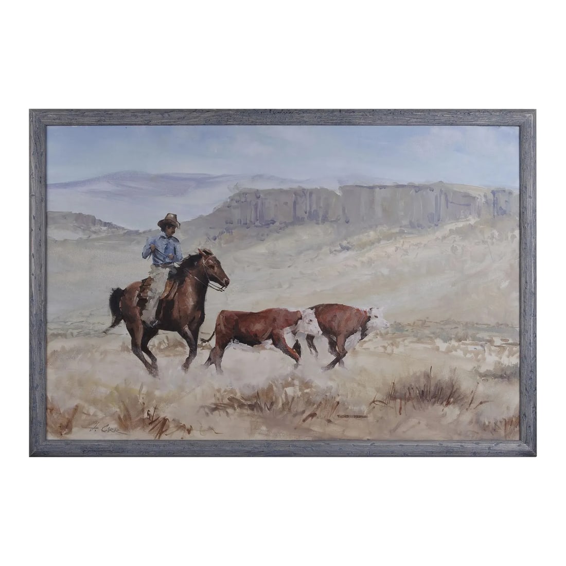 Howard Carr Cowboy on Horse Herding Cattle: Vintage Howard Carr Cowboy on Horse Herding Cattle oil painting, circa 1980-90.This vintage Howard Carr painting comes framed as shown. Dimensions 19.5"H x 29"W (Image); 21.5"H x 31.25"W x 1.5"D