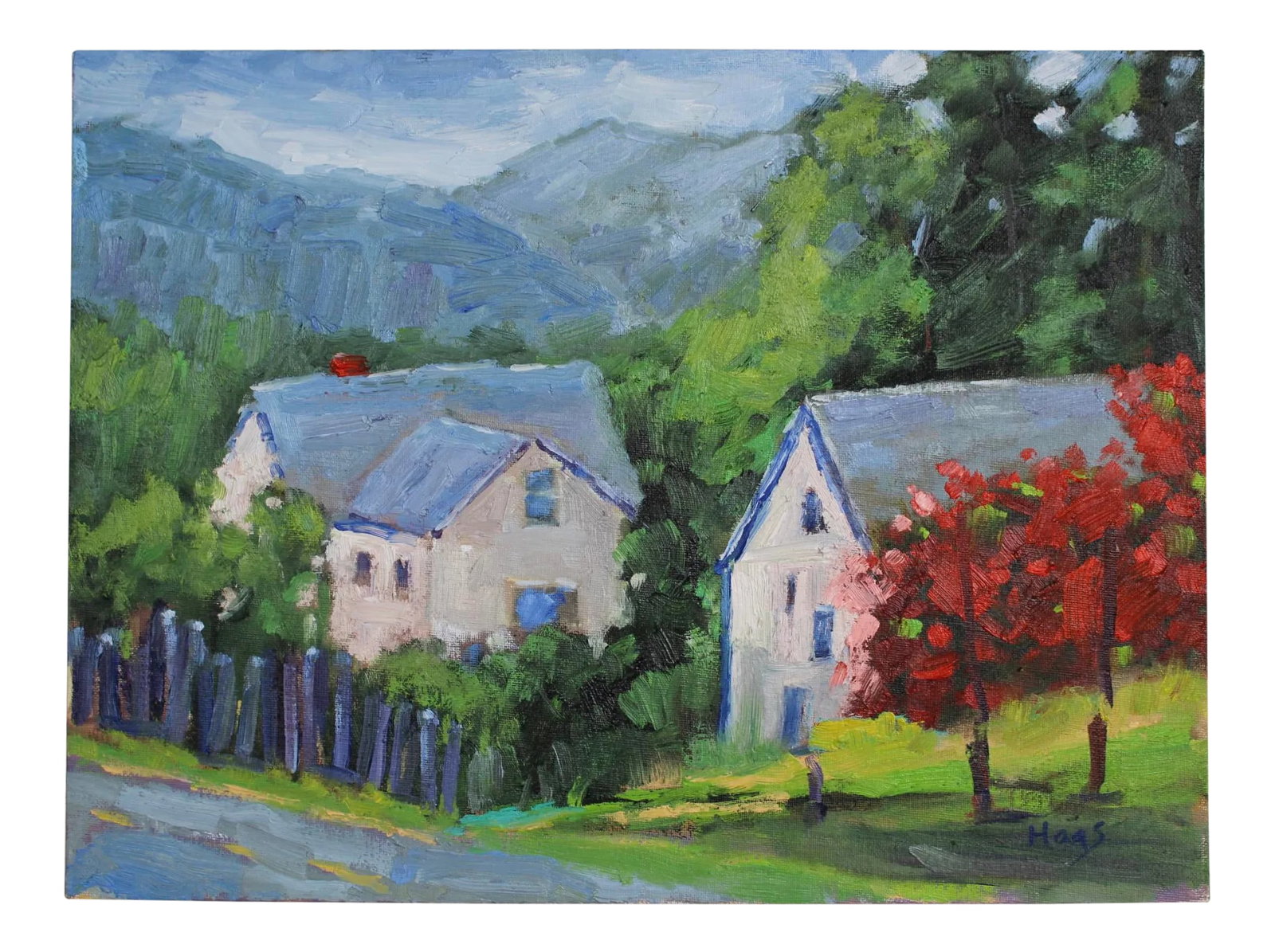 Roses on Barn, Modern Impressionist Oil Painting: Quiet Places & Gardens - Fort Bragg Roses Original oil painting by L. Haas, 12 x 16 in unframed panel primed with layers of gesso, signed. A calm impressionist landscape of roses near Fort Bragg with