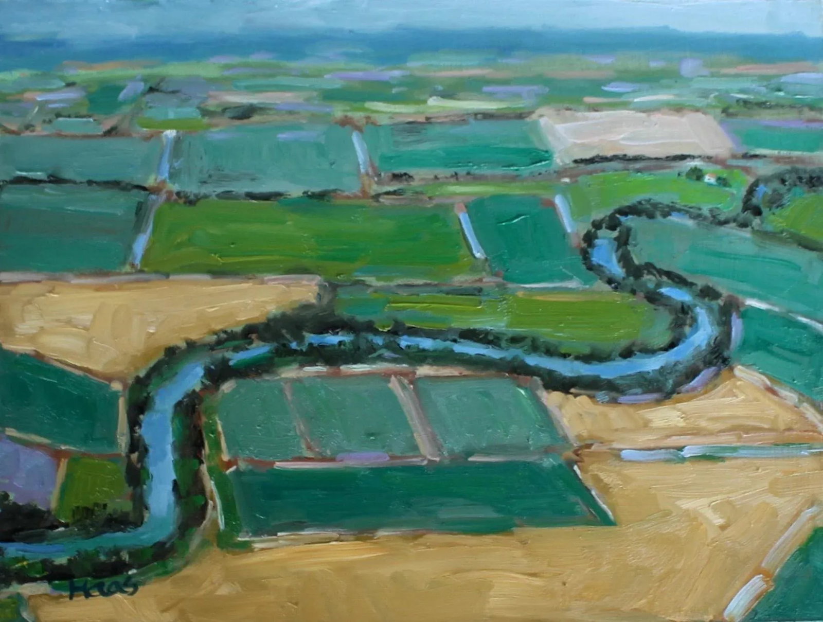 Aerial View Farmland, Oil Painting: Quiet Places Collection - Aerial View Farmland Original oil painting by L Haas, 9 x 12 unframed Masonite panel, signed. A quietly detailed aerial-view landscape of farmland with soft brushwork and
