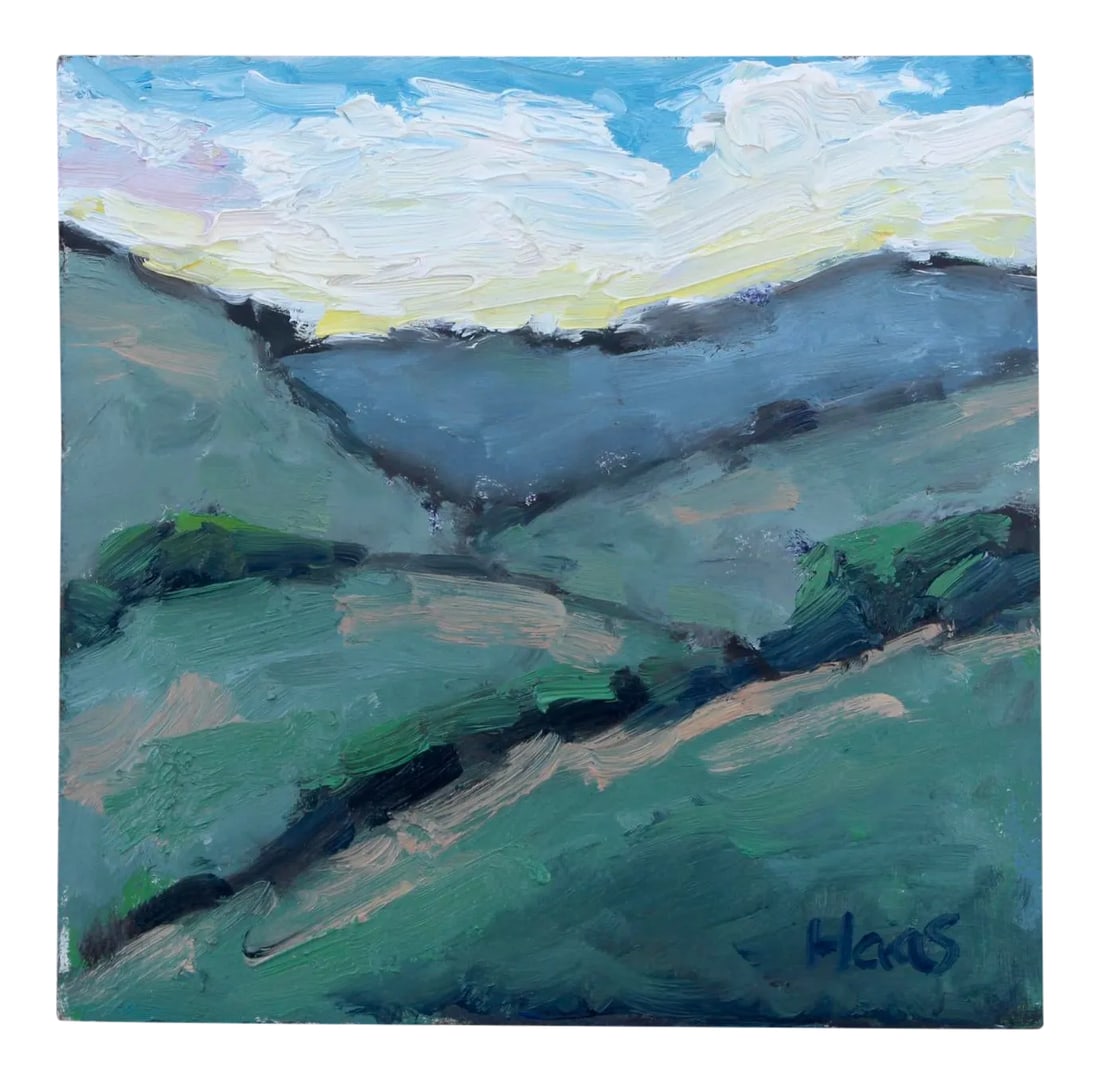 Modern Art, Mt. Diablo Landscape (Original Oil Painting): Quiet Places & Journeys - Mt. Diablo Original oil painting by L. Haas, 6 x 6 in unframed gessoed masonite panel, signed. A small impressionist landscape of Mt. Diablo with soft color and calm mood.