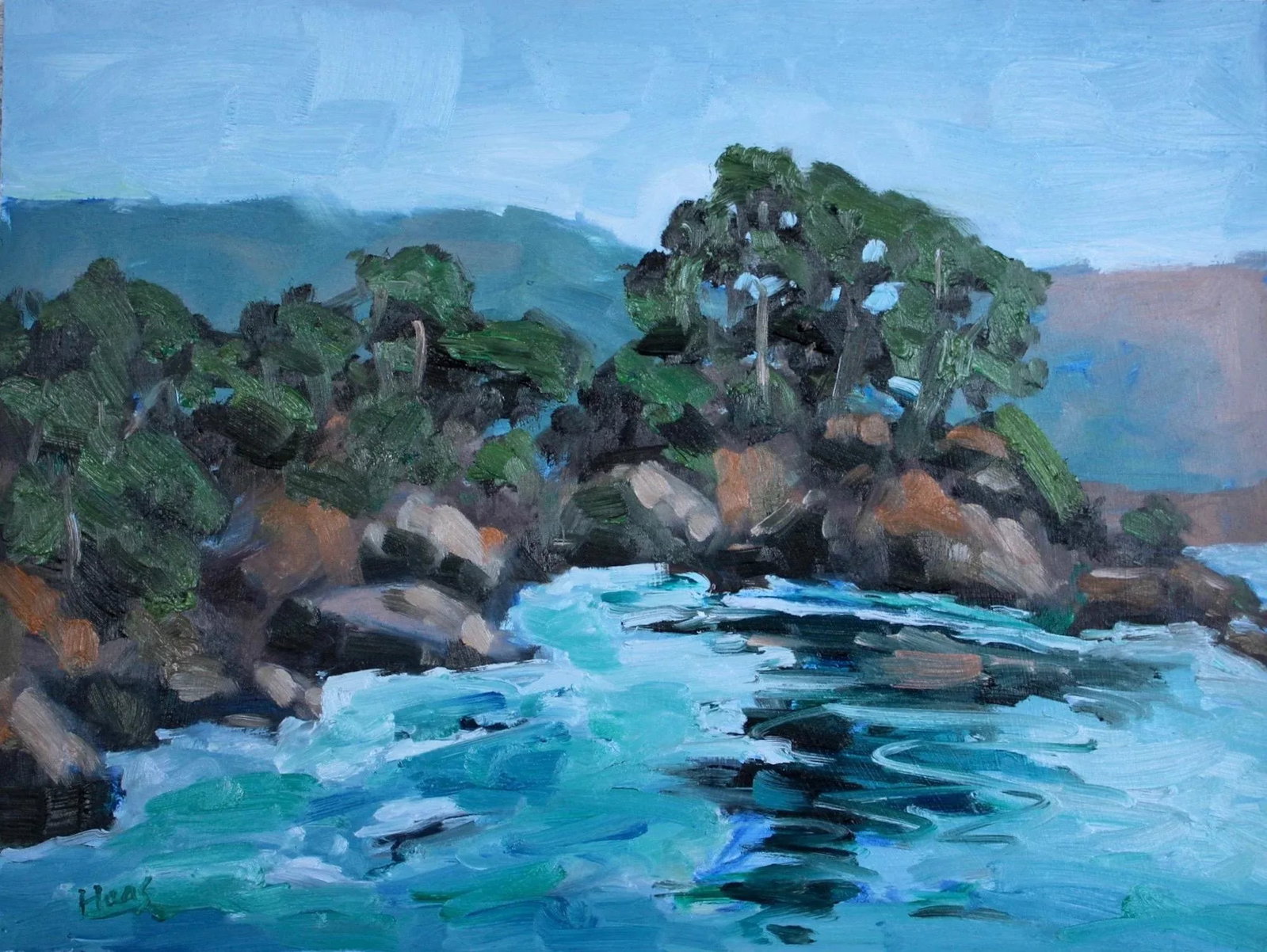 Mendocino Coast (Original Seascape Oil Landscape): Quiet Places & Coastal - Mendocino Coast Original oil painting by L. Haas, 9 x 12 in unframed prepared masonite panel, signed. A peaceful impressionist seascape of the Mendocino Coast with soft color