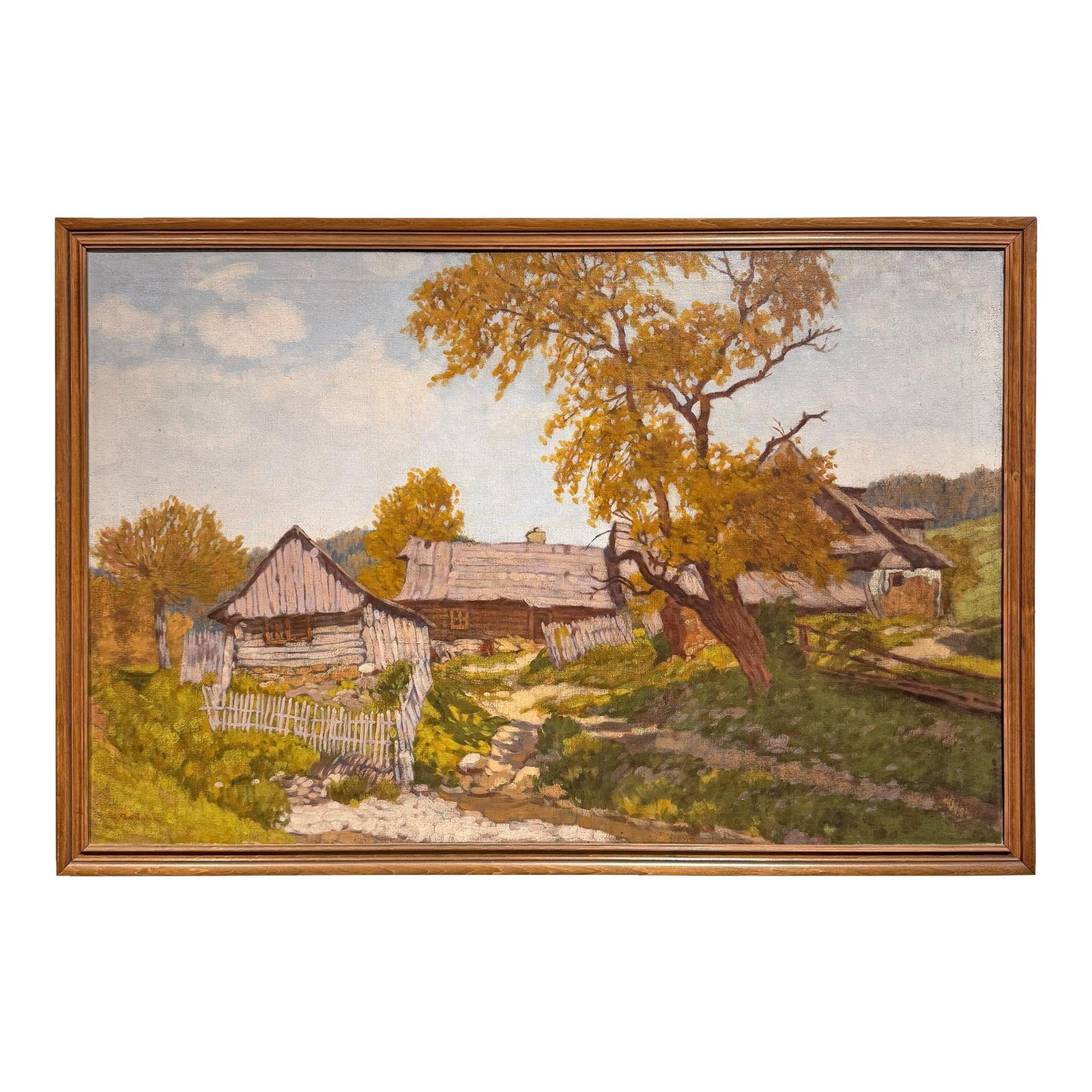 "In the Berkshires", an Oil Painting by Jane Bostwick: Titled 'In the Berkshires', this charming oil painting by Jane Bostwick captures a timeless autumnal moment in the rural hills of western Massachusetts. A weathered farmhouse and two equally timeworn