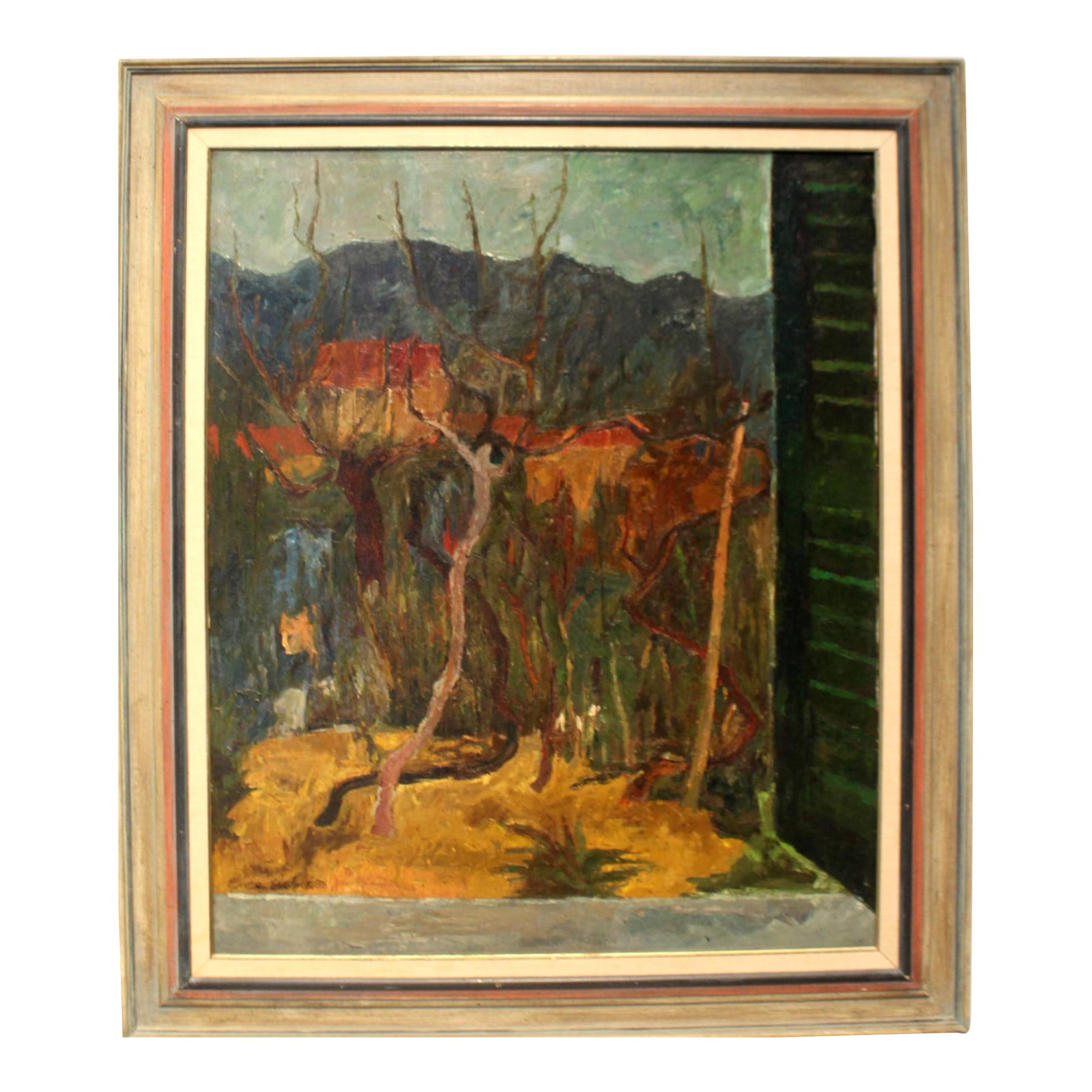 Mid Century Post Expressionist Window Landscape by Italian Artist Enzo Roberti: Evocative window view landscape by Italian artist Enzo Roberti (1924-1990). Rendered with strong and dramatic brushstrokes and composed of warm earth tones and cool greens. The work of a mature and