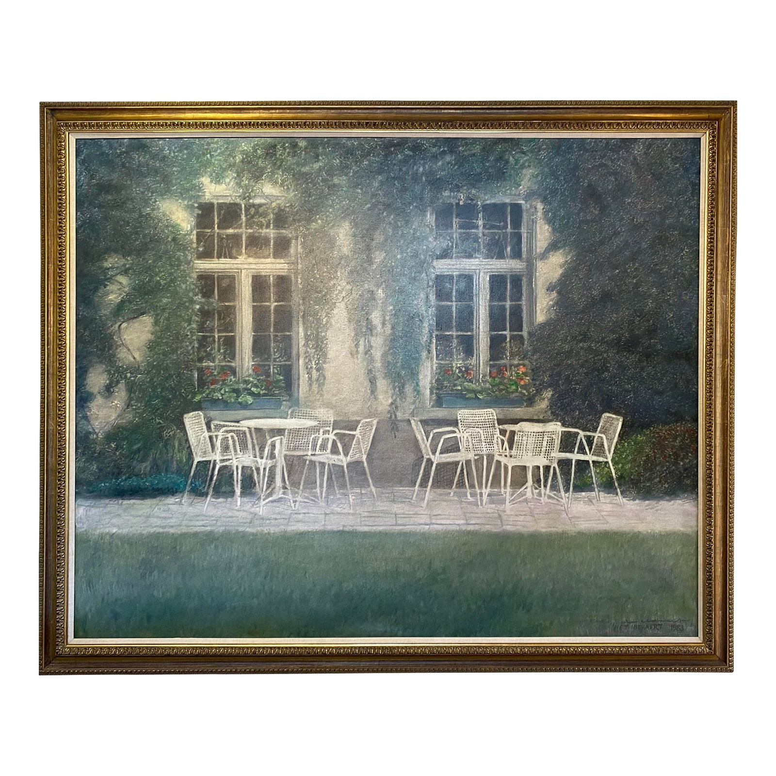 1980s Window Wall Oil Painting by Piet Bekaert, Framed: Piet Bekaert was a Flemish Artist born in 1939. He attended both the Royal Academy in Ghent and the Academy Julien in Paris. It was in his Parisian years that he spent long days contemplating the weal