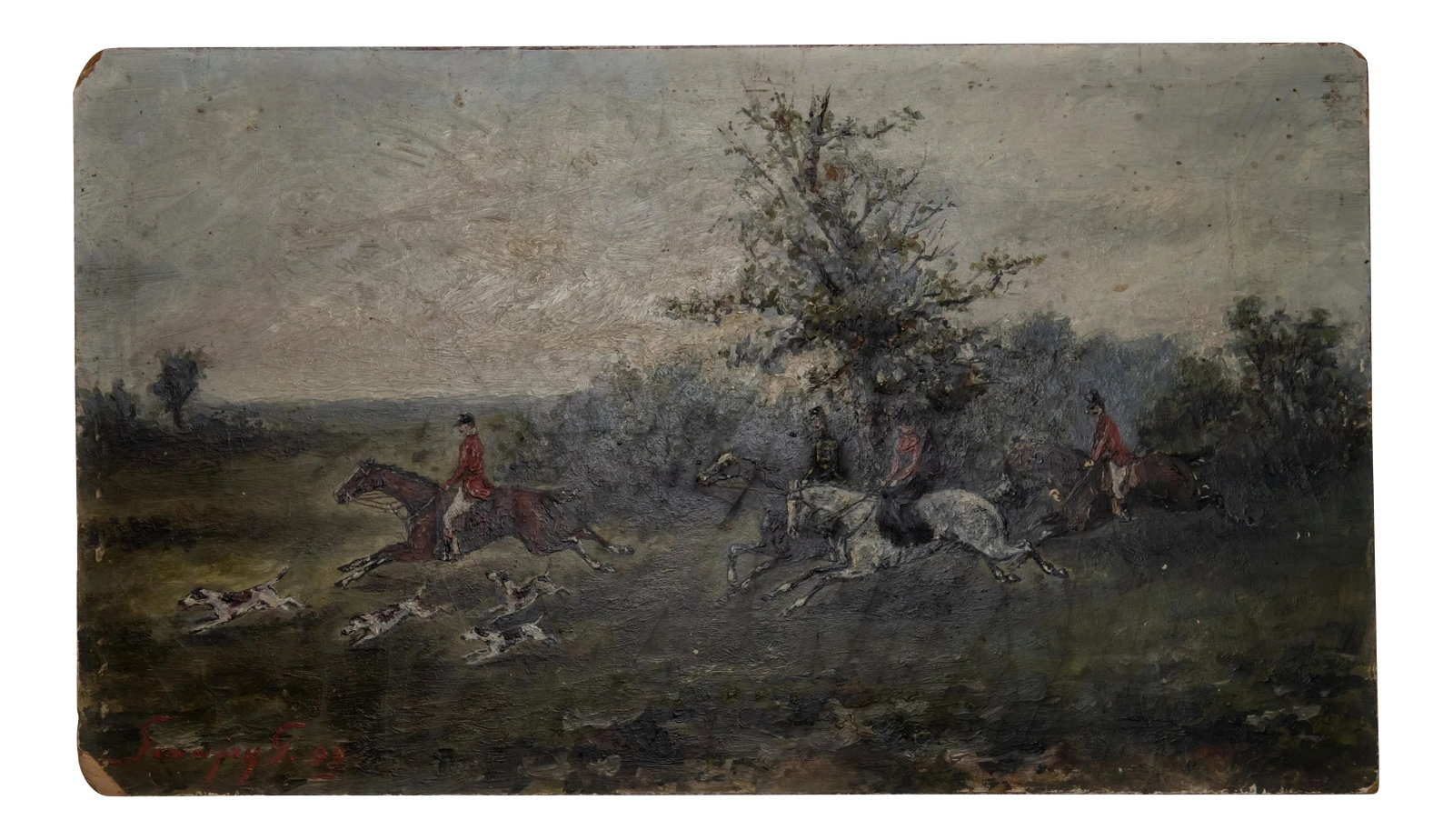 Late 19th Century Fox Hunt Scene on Board: Offering this gorgeous 19th century painting of a Fox Hunt on board. Believed to be English. The small painting is on board and the intricate detail in the brushwork is amazing. The piece is signed