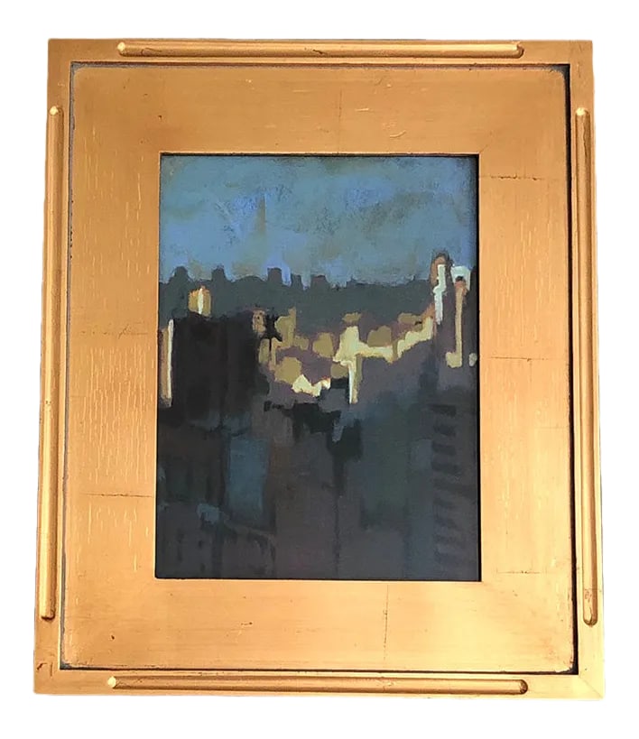 Abstact Blue Landscape Oil Painting in Gilded Gold Frame: A great little painting in a really nice frame. Made in the late 20th century. Condition: Alterations: Original Condition Unaltered Imperfections: Some Imperfections Condition Notes: Good Condition