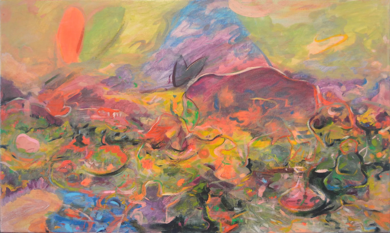 "Wind Wrestler" by Jeffrey Vincent Acrylic on Canvas: This vibrant abstract by Jeffrey Vincent evokes a near colorfield interpretation of classic landscape. Vincent's oeuvre typically blends landscape and figures; in this early painting, he has done so