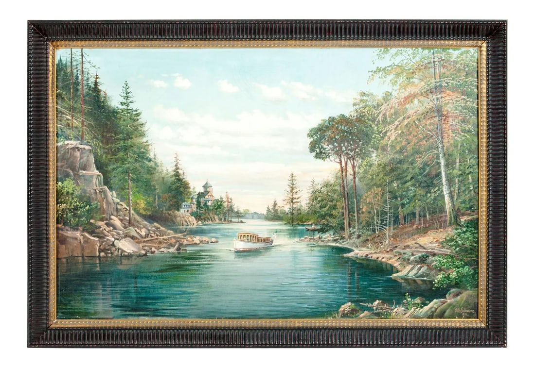 Mahogany Wood Frame Oil / Canvas Painting: Mahogany wood frame oil on canvas painting house boat on the river . Artist signature and dated 1932 . The canvas measure about 39 inches long x 26 inches wide. The wood frame is about 44 inches long 
