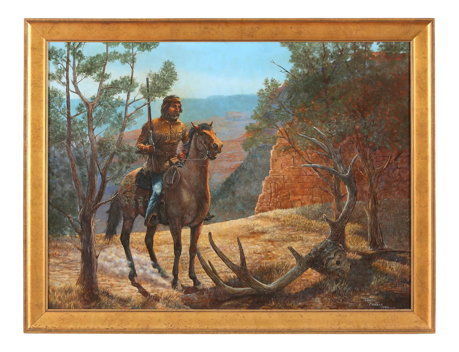 Wood Framed Oil / Canvas Painting: Very large giltwood framed oil on canvas painting. The painting is in good vintage condition. Minor wear consistent with age / use. Artist signature lower left hand corner. Frame is about 45" long x