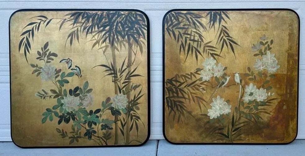 Pair of 20th Century Japanese Two Wood Panel Paintings - Birds and Butterflies - 11