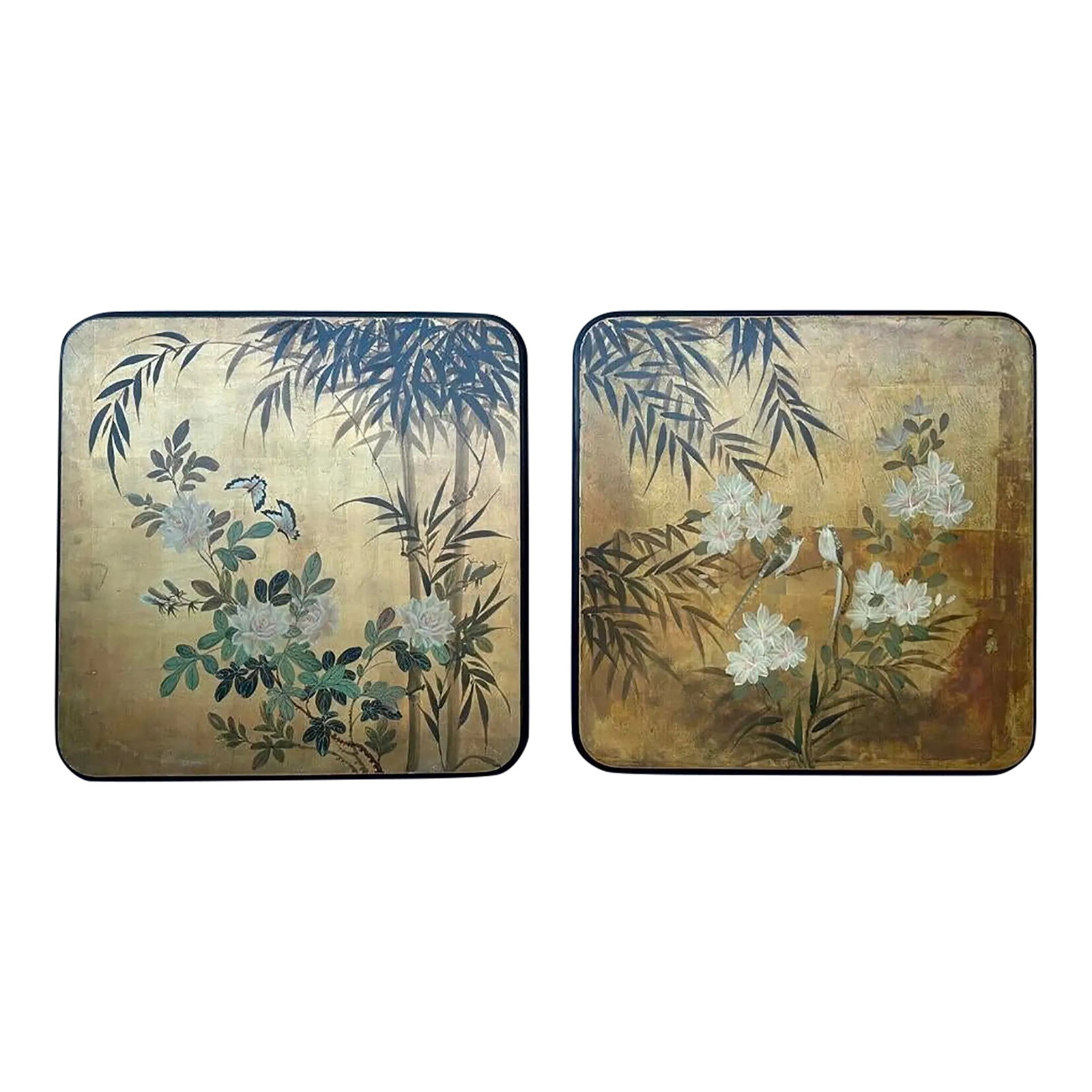 Pair of 20th Century Japanese Two Wood Panel Paintings - Birds and Butterflies (1 of 12)