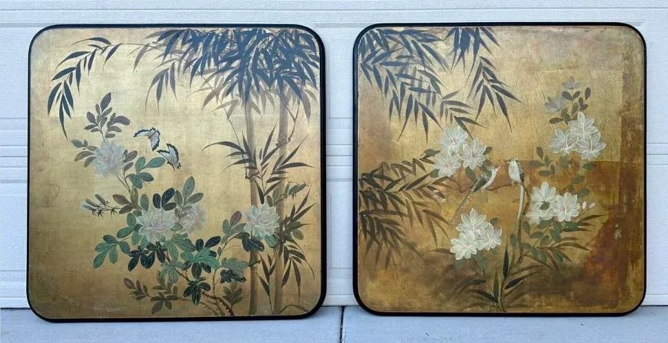 Pair of 20th Century Japanese Two Wood Panel Paintings - Birds and Butterflies - 2