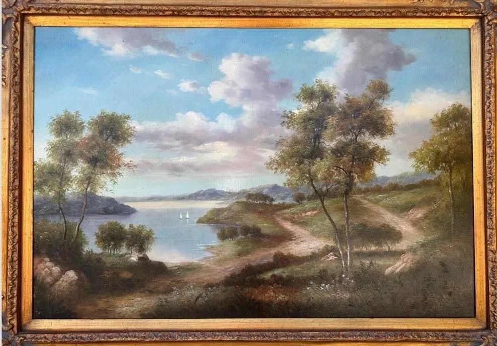 Late 19th Century John Pollins "Tree Line Trails Lake With Sailboats" Oil Painting Framed - 10