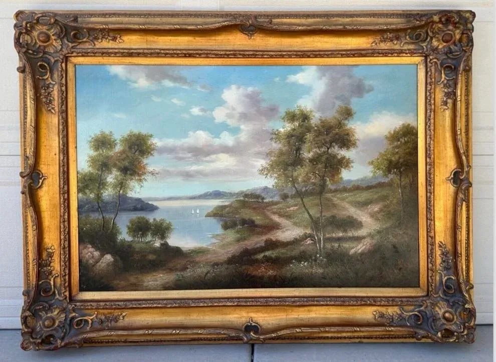 Late 19th Century John Pollins "Tree Line Trails Lake With Sailboats" Oil Painting Framed - 11