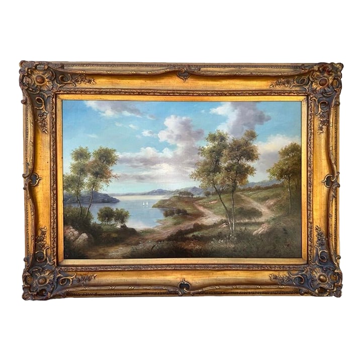 Late 19th Century John Pollins "Tree Line Trails Lake With Sailboats" Oil Painting Framed (1 of 12)