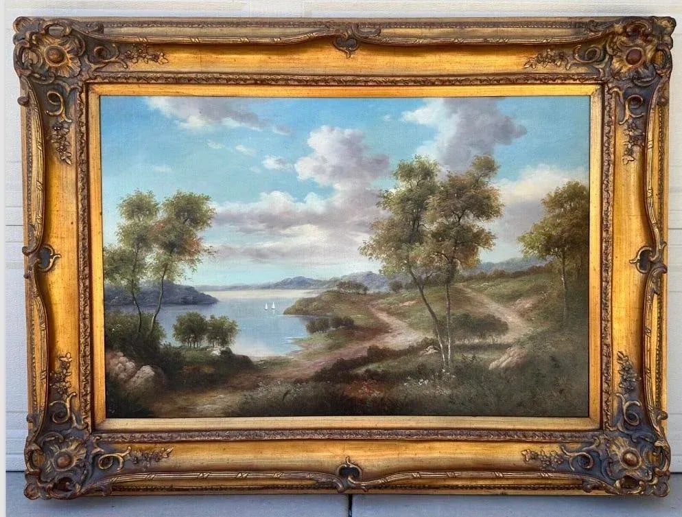Late 19th Century John Pollins "Tree Line Trails Lake With Sailboats" Oil Painting Framed - 2