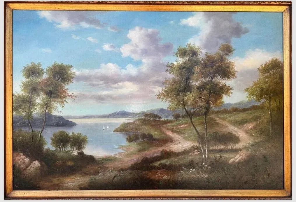 Late 19th Century John Pollins "Tree Line Trails Lake With Sailboats" Oil Painting Framed - 3