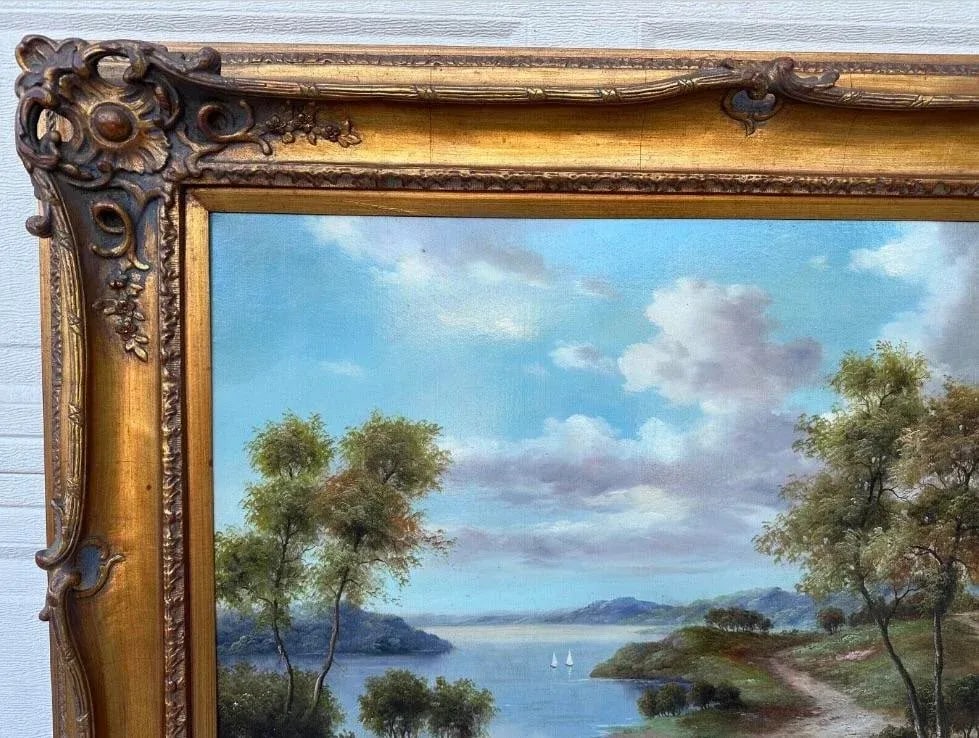Late 19th Century John Pollins "Tree Line Trails Lake With Sailboats" Oil Painting Framed - 4
