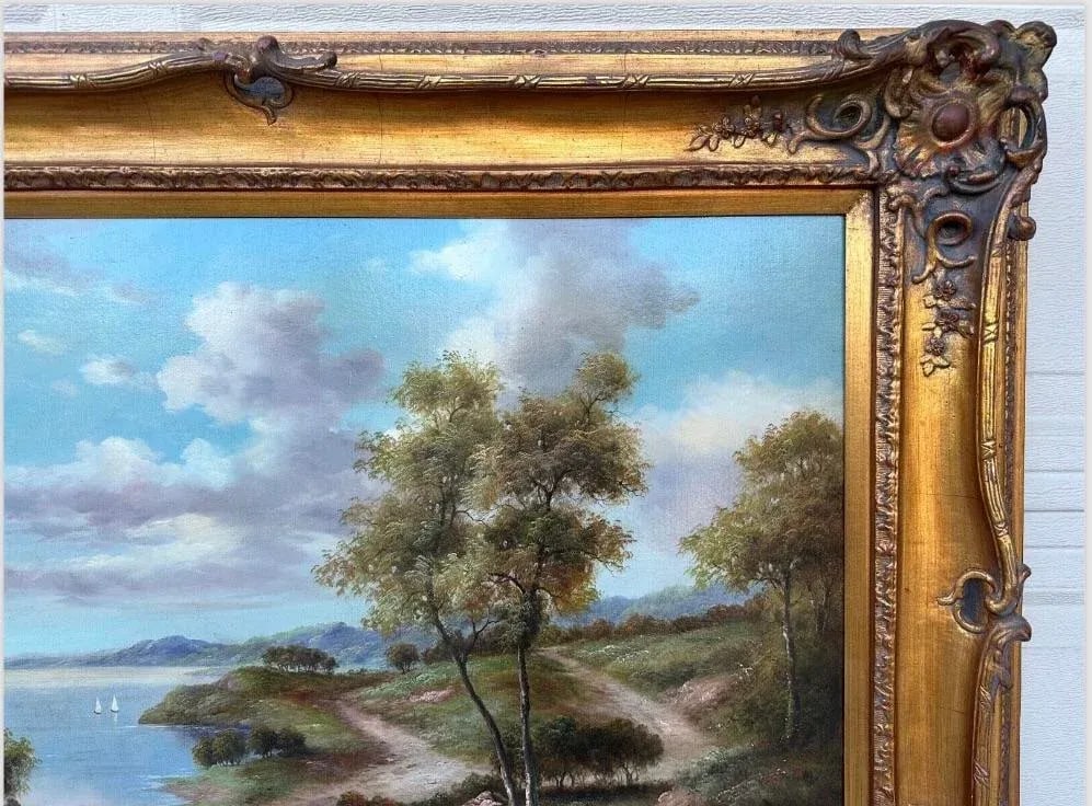 Late 19th Century John Pollins "Tree Line Trails Lake With Sailboats" Oil Painting Framed - 5