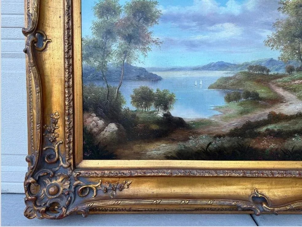 Late 19th Century John Pollins "Tree Line Trails Lake With Sailboats" Oil Painting Framed - 6