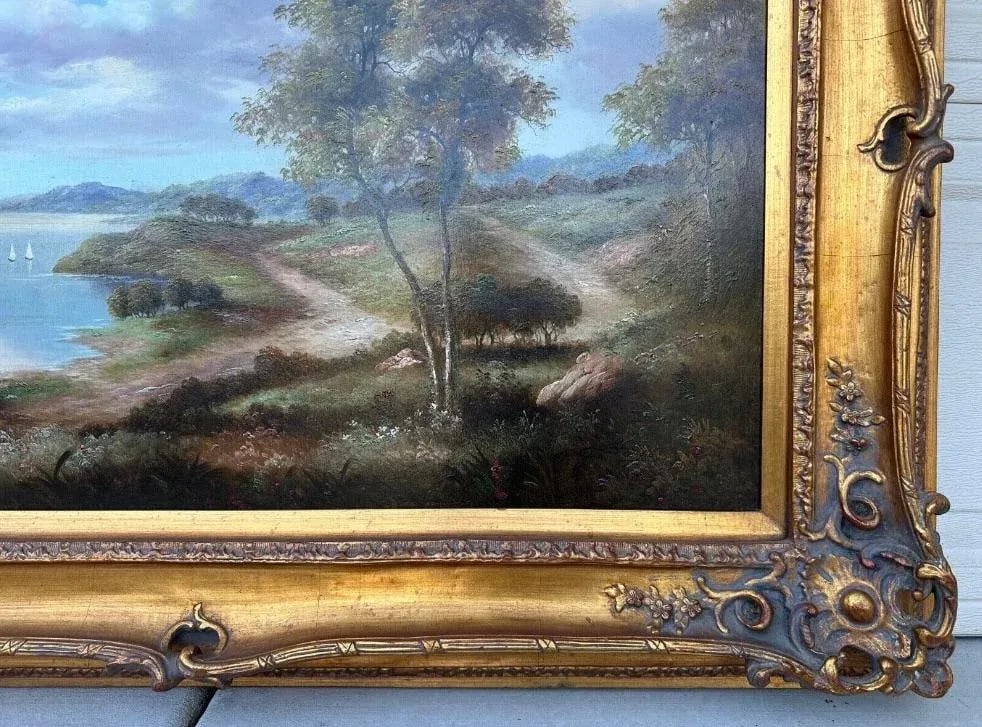 Late 19th Century John Pollins "Tree Line Trails Lake With Sailboats" Oil Painting Framed - 7