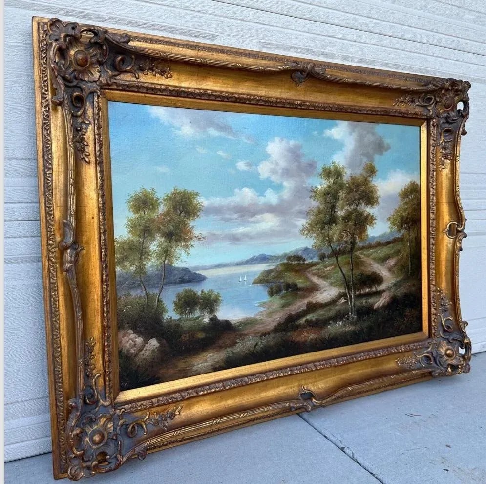 Late 19th Century John Pollins "Tree Line Trails Lake With Sailboats" Oil Painting Framed - 8