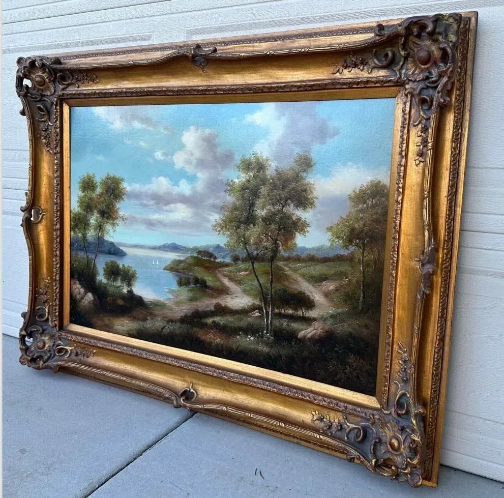 Late 19th Century John Pollins "Tree Line Trails Lake With Sailboats" Oil Painting Framed - 9