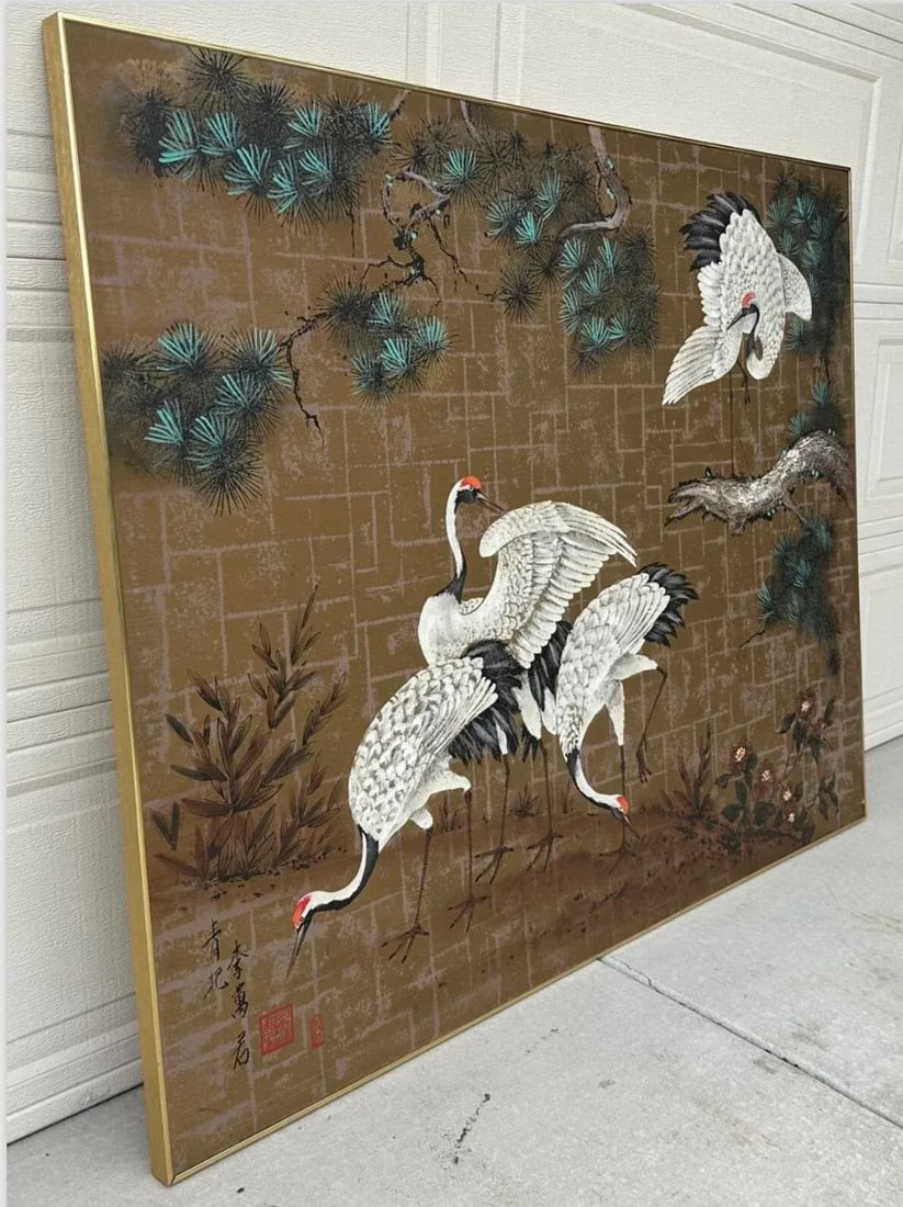 1970s Eastern Oil Painting 4 Red Crowned Cranes Asian on Canvas Framed - 10