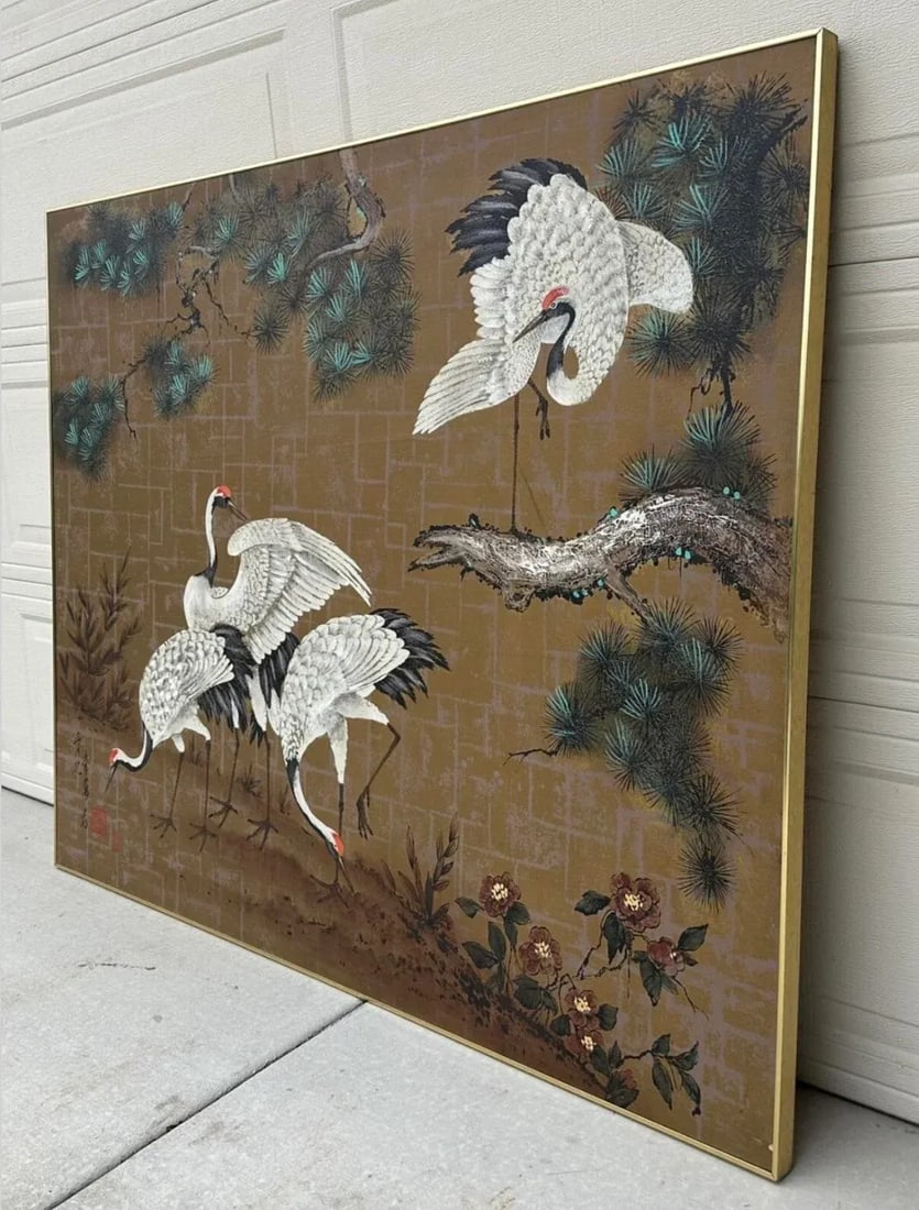1970s Eastern Oil Painting 4 Red Crowned Cranes Asian on Canvas Framed - 11