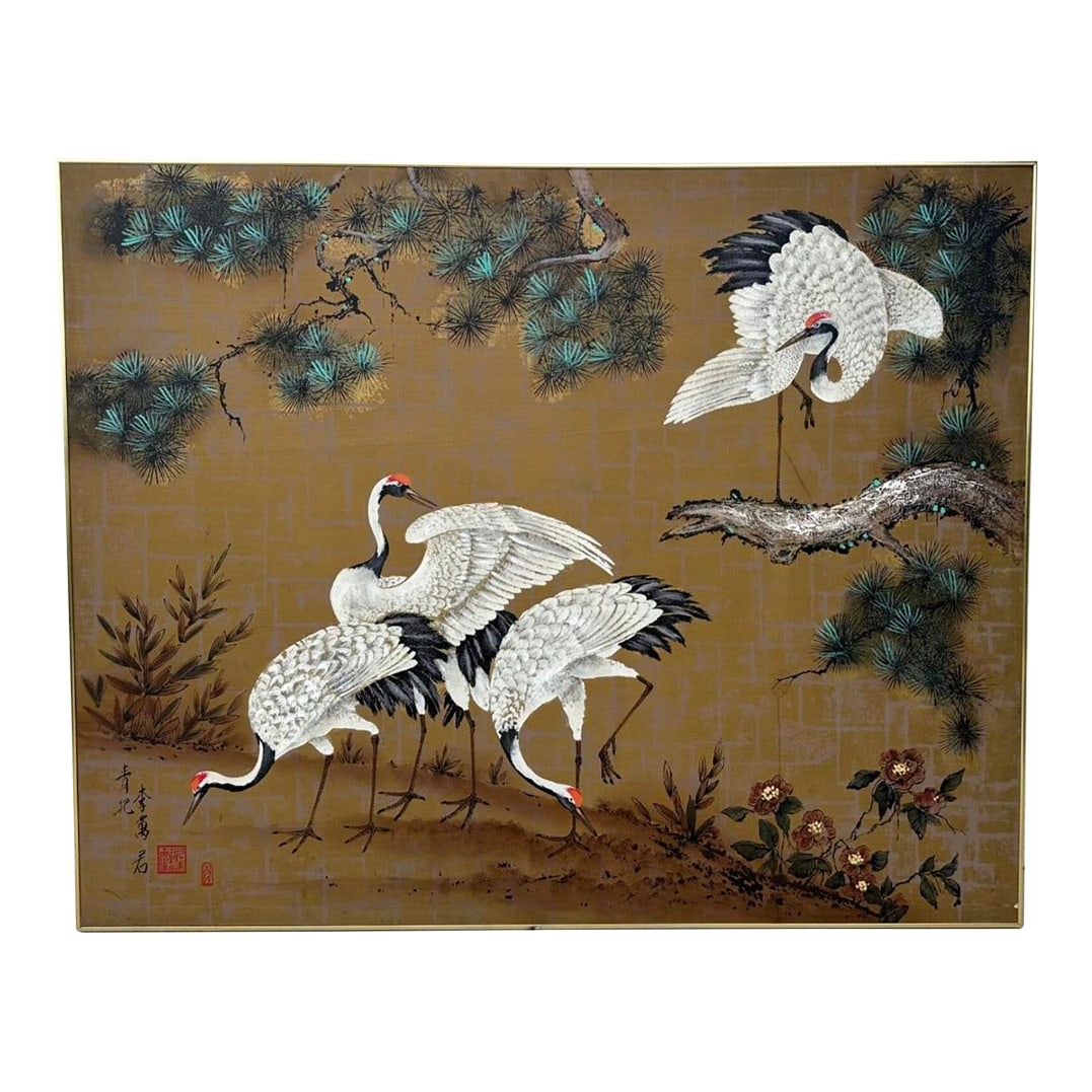 1970s Eastern Oil Painting 4 Red Crowned Cranes Asian on Canvas Framed: Four Red-Crowned Cranes - Large Signed Oil Painting on Canvas (Framed) Dimensions: 48" H x 60" W x 1.5" D Medium: Oil on canvas Condition: Very good Provenance: Private collection, La Jolla Frame: Sim