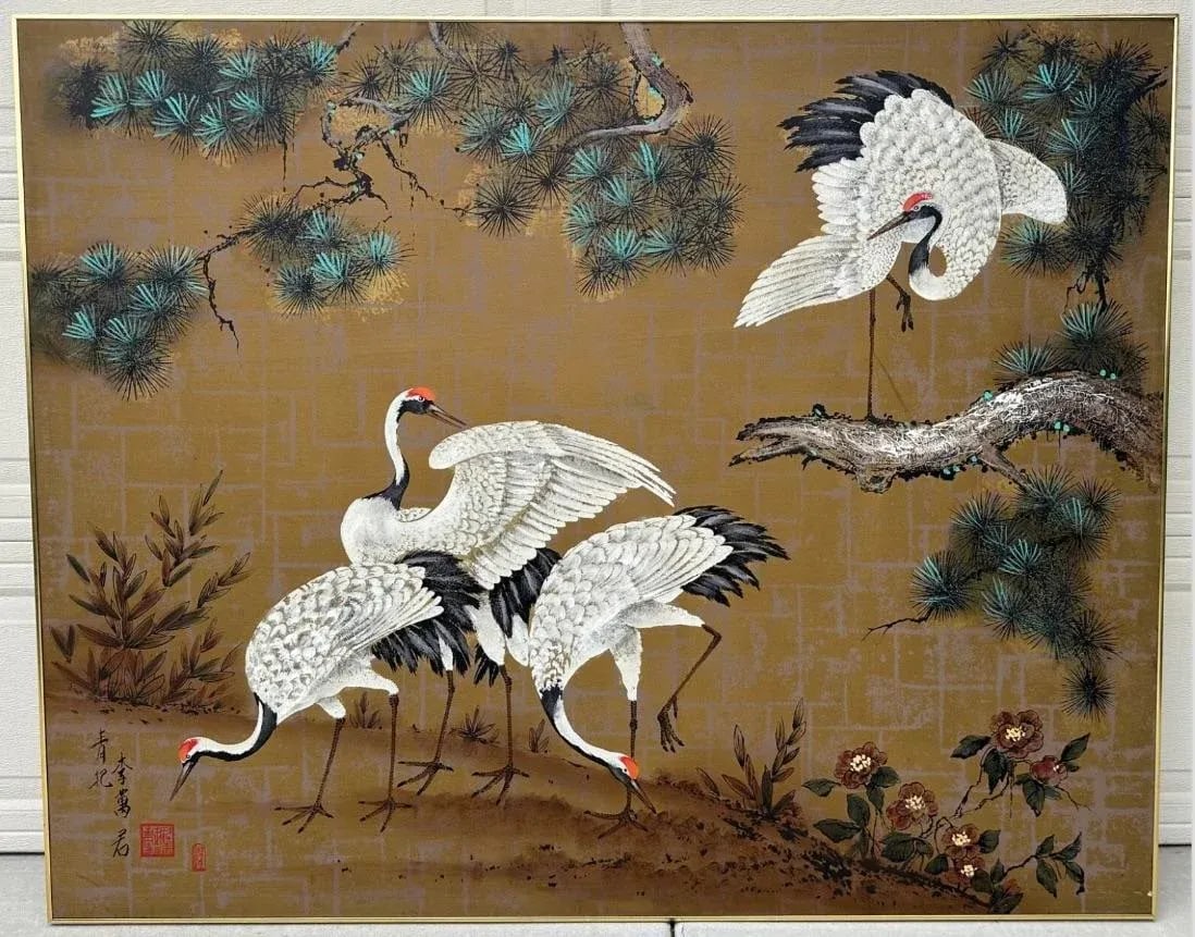 1970s Eastern Oil Painting 4 Red Crowned Cranes Asian on Canvas Framed - 2