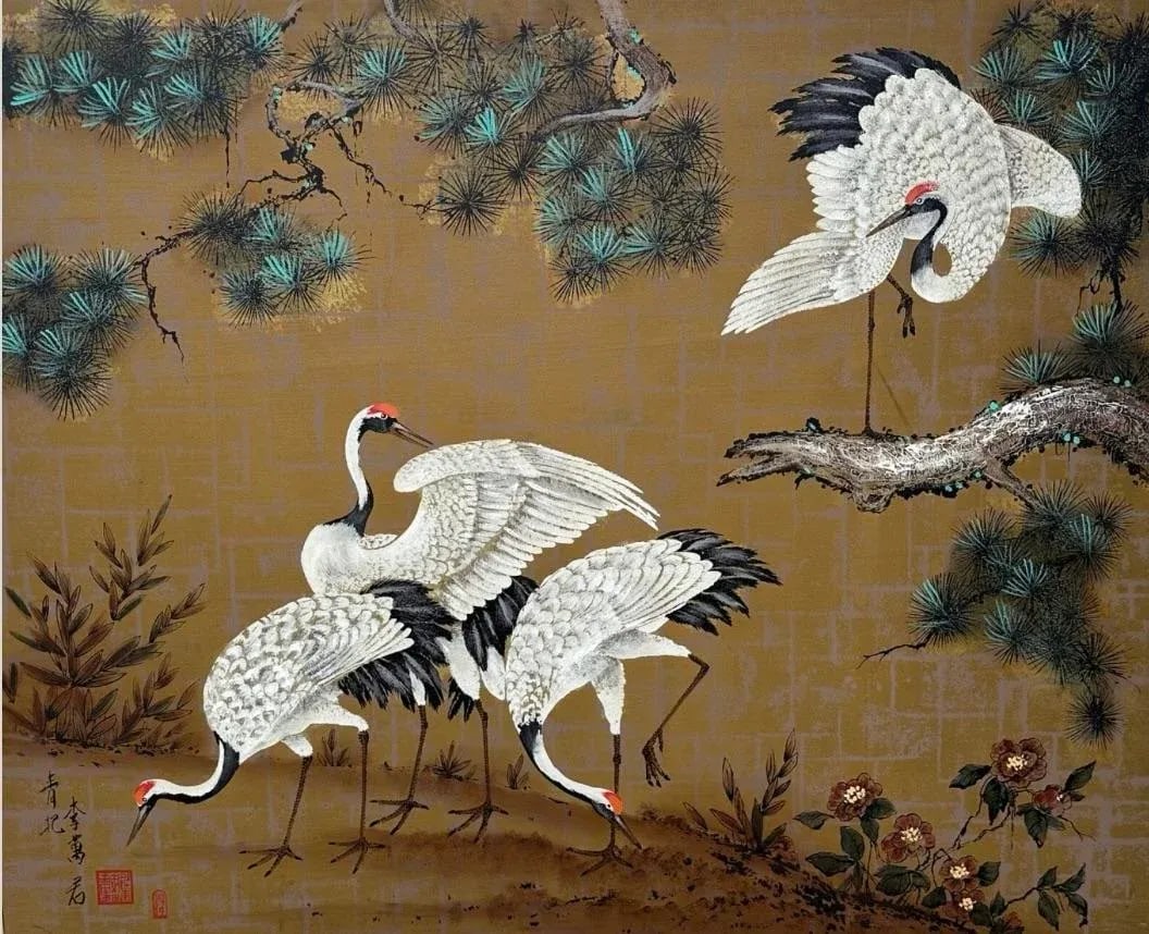 1970s Eastern Oil Painting 4 Red Crowned Cranes Asian on Canvas Framed - 3