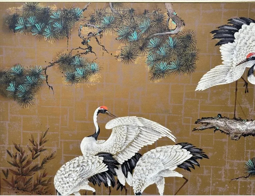 1970s Eastern Oil Painting 4 Red Crowned Cranes Asian on Canvas Framed - 4
