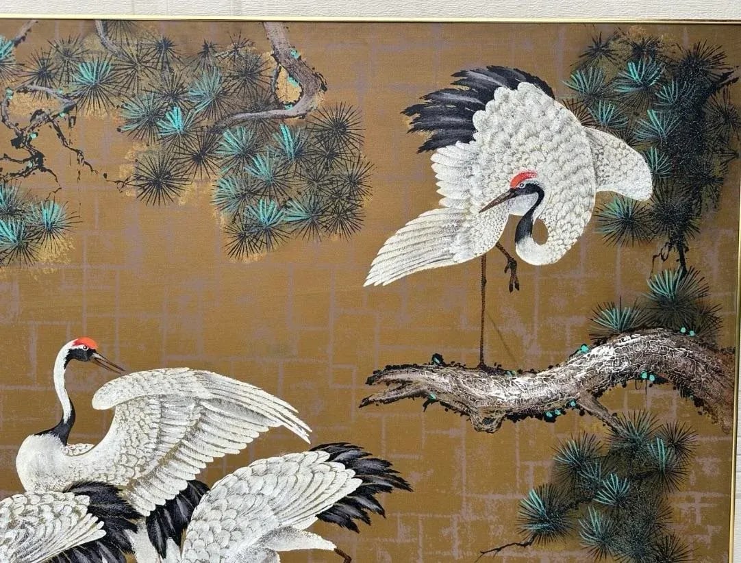 1970s Eastern Oil Painting 4 Red Crowned Cranes Asian on Canvas Framed - 5
