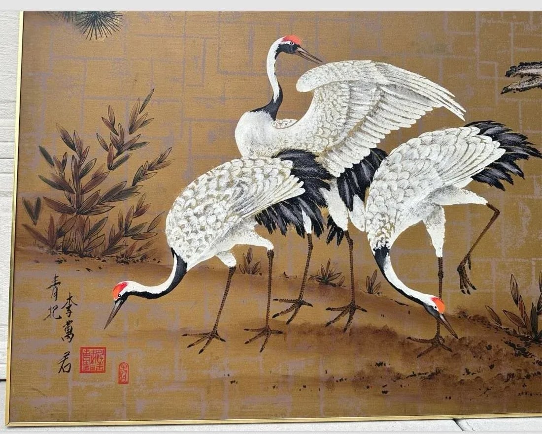 1970s Eastern Oil Painting 4 Red Crowned Cranes Asian on Canvas Framed - 6