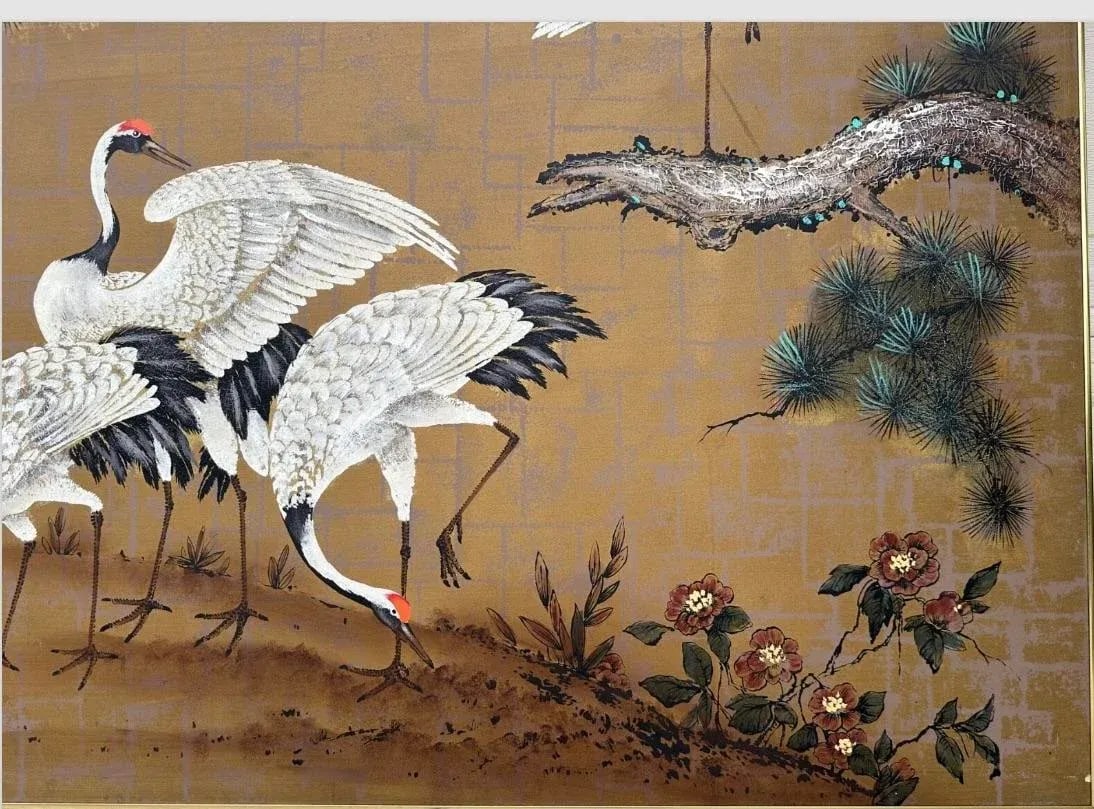 1970s Eastern Oil Painting 4 Red Crowned Cranes Asian on Canvas Framed - 7