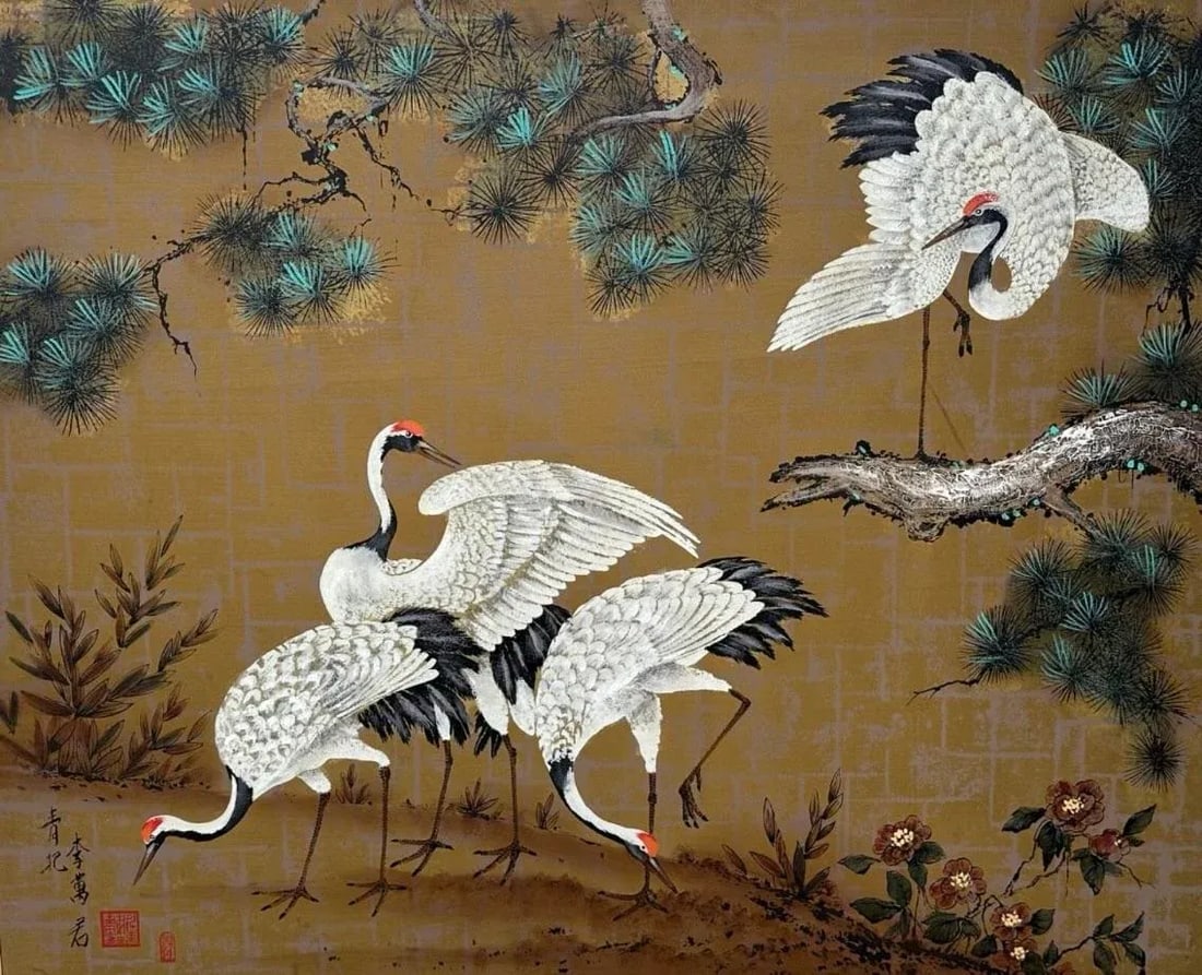 1970s Eastern Oil Painting 4 Red Crowned Cranes Asian on Canvas Framed - 8