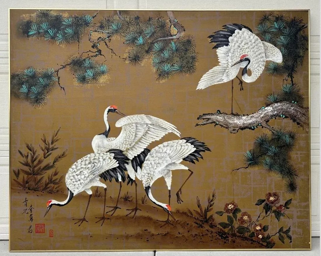 1970s Eastern Oil Painting 4 Red Crowned Cranes Asian on Canvas Framed - 9