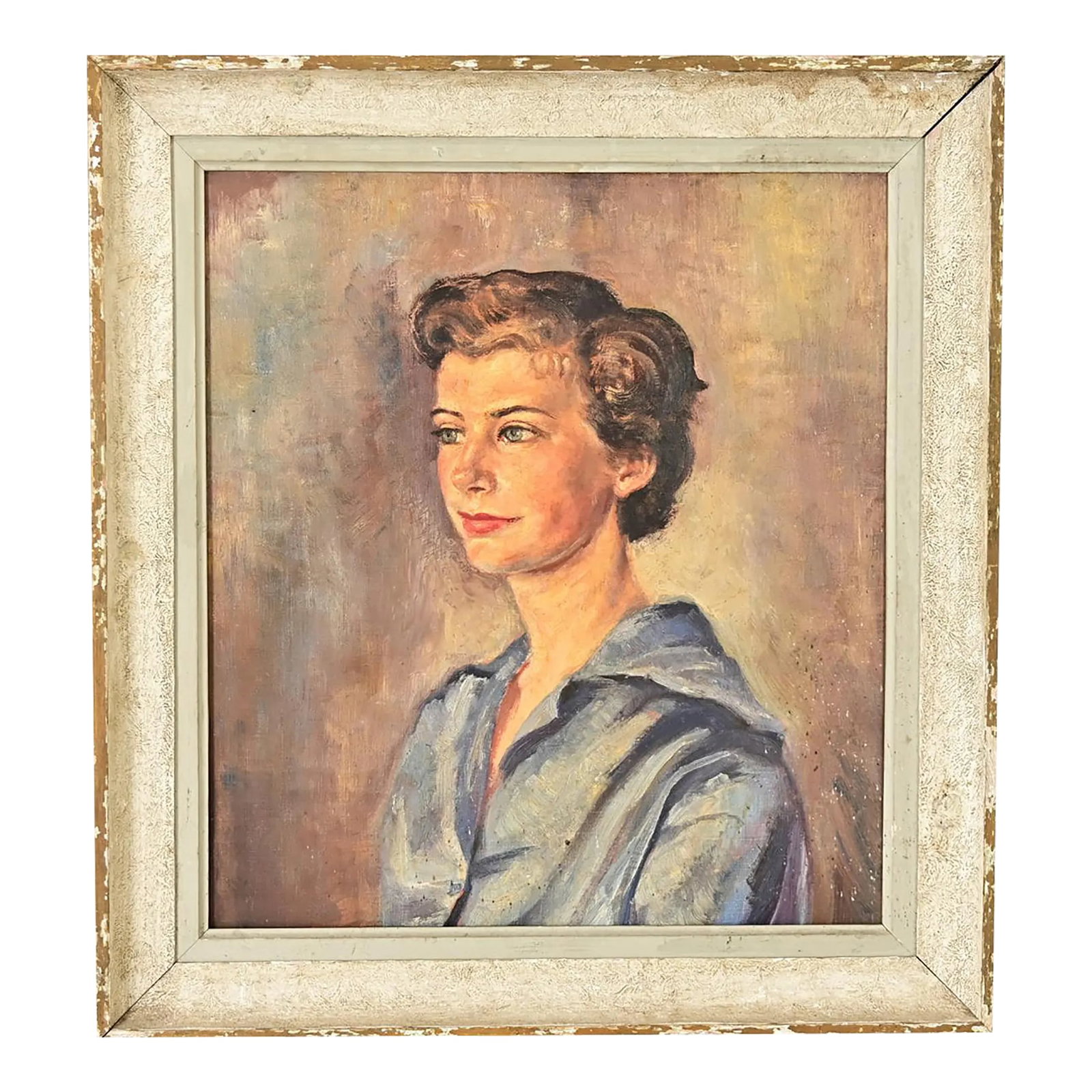English Vintage Mid-Century Framed Portrait of a Lady: Dimensions: 25 1/2" H x 23 5/8" W x 2" D English, circa 1940 oil on canvas portrait of a young woman bearing a confident expression and the curious smile like Mona Lisa. A mottled background of