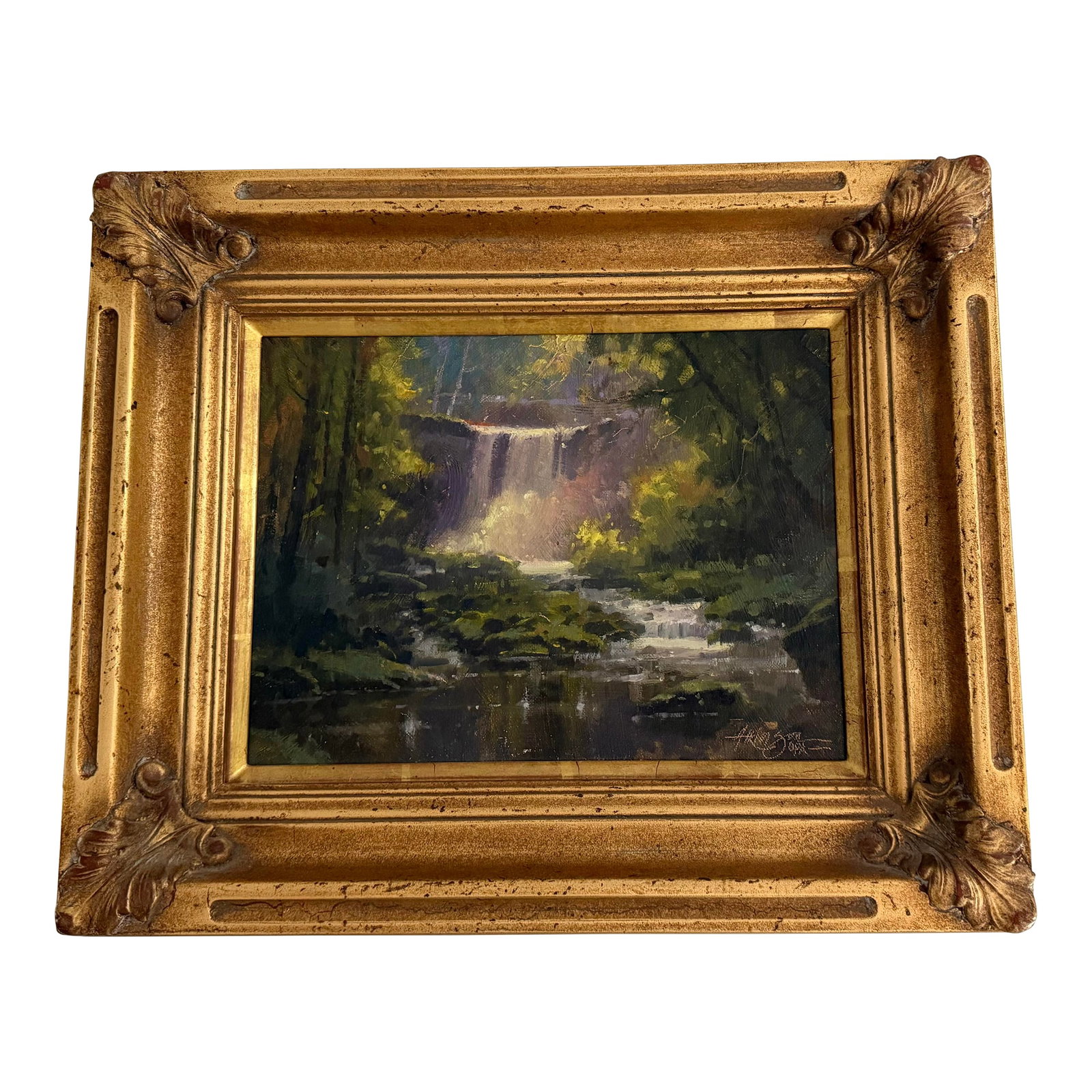 2009 Steve Atkinson Oil Painting of Lantermans Falls- Framed: This oil on panel of a waterfall and woodland landscape was painted on location in Mill Creek Park, Ohio. Signed by the artist Atkinson OPA (Oil Painters of America) Size: overall 18" x 15" x 3". pain